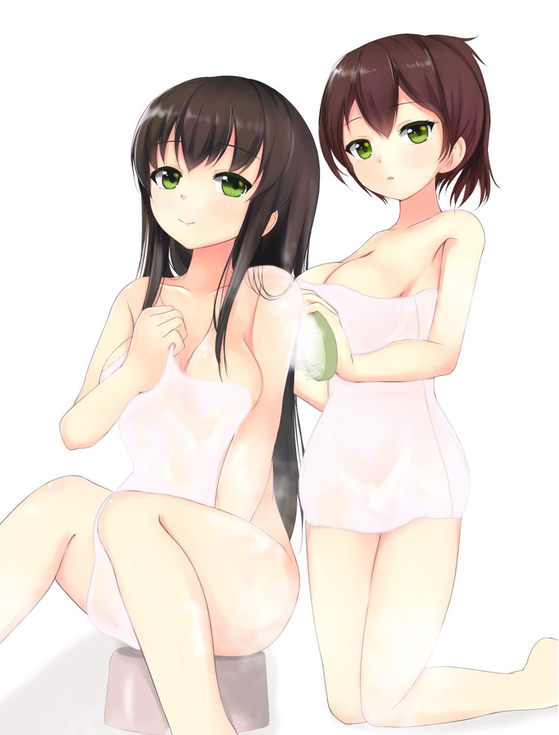 akagi_(kancolle) bathing kaga_(kancolle) kantai_collection kiri_frog towel