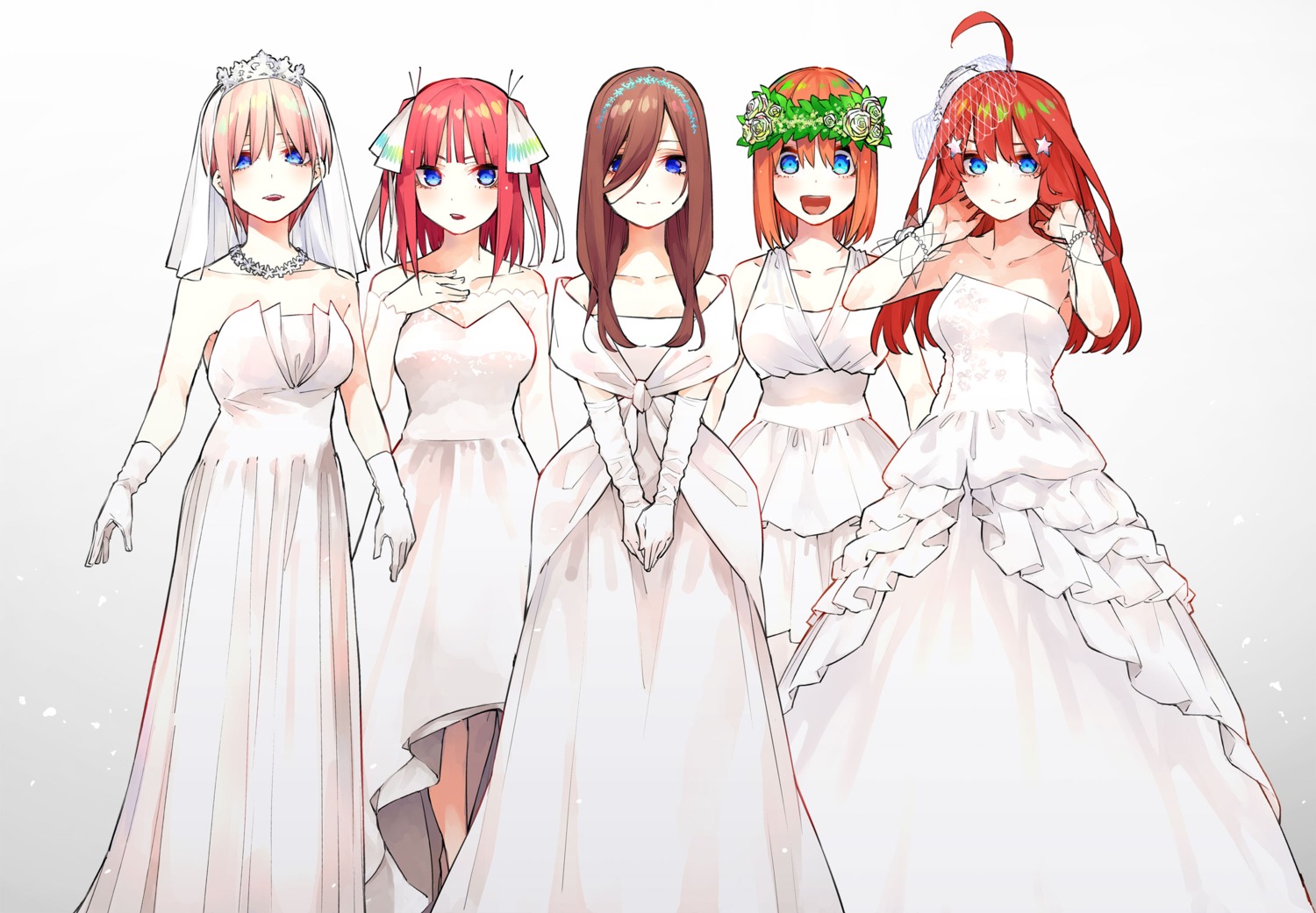 5-toubun_no_hanayome cleavage dress haruba_negi nakano_ichika nakano_itsuki nakano_miku nakano_nino nakano_yotsuba see_through wedding_dress