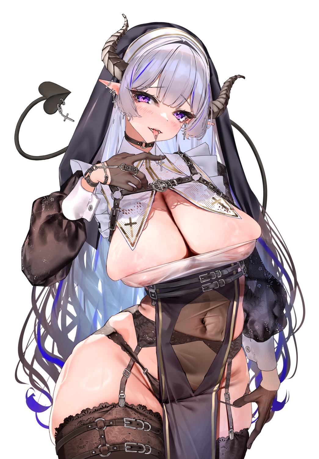 areola devil erect_nipples garter garter_belt horns lamium_(artist) no_bra nun pantsu panty_pull pointy_ears see_through stockings tail thighhighs