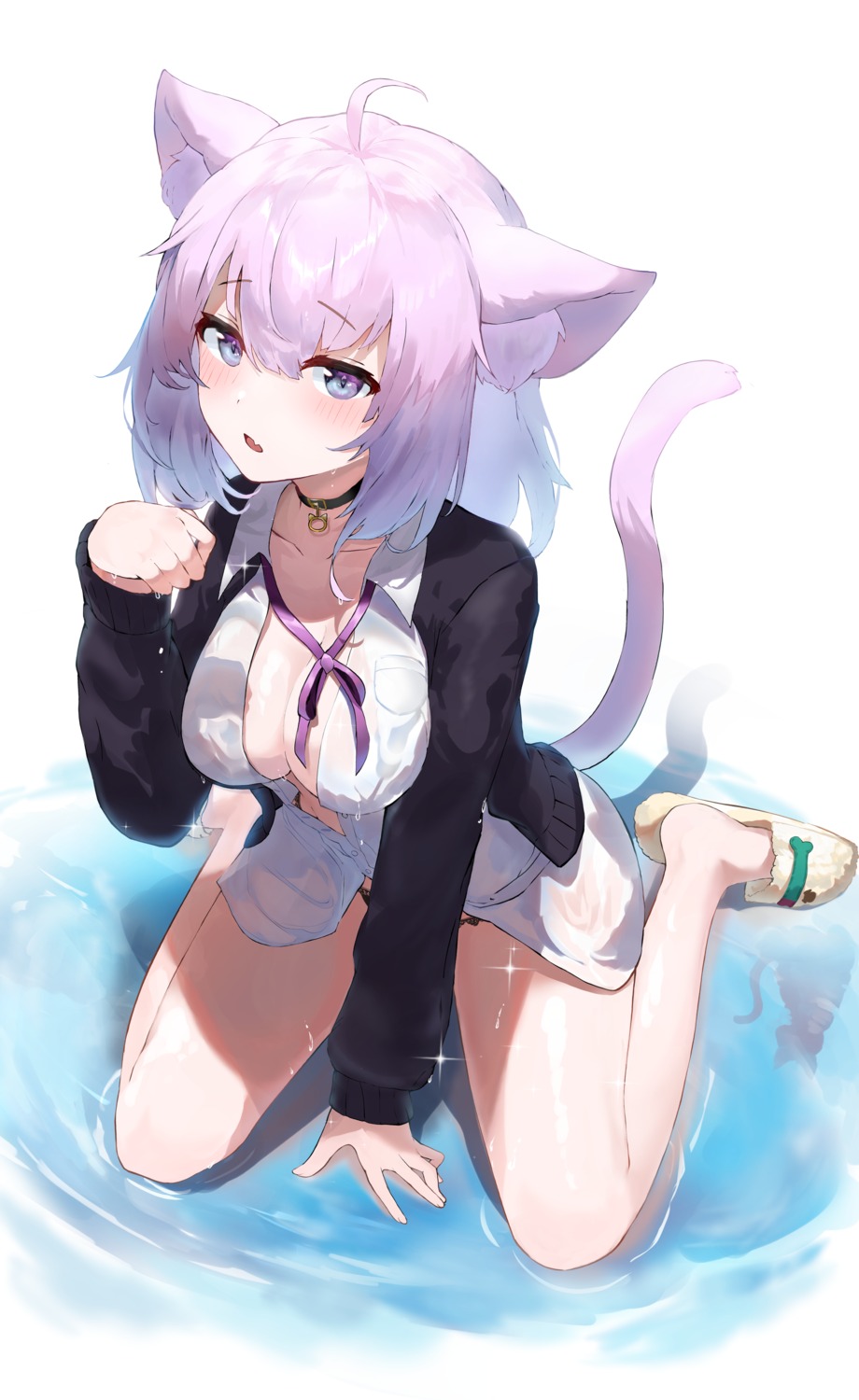 animal_ears hololive hololive_gamers kabedoru nekomata_okayu nekomimi no_bra open_shirt pantsu see_through seifuku sweater tail wet wet_clothes