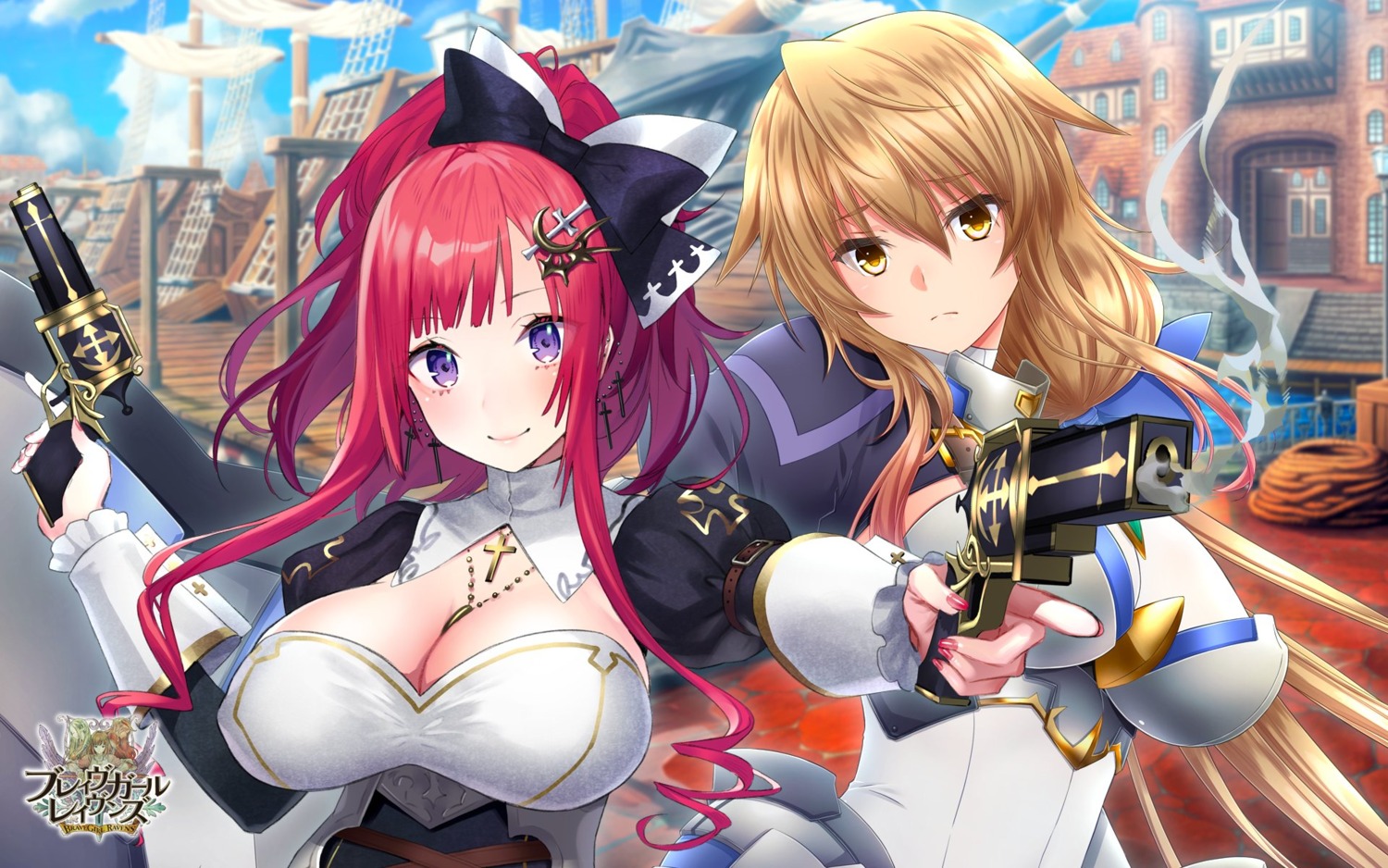 armor brave_girl_ravens cleavage gun izumi_mahiru tsukimiya_sei wallpaper