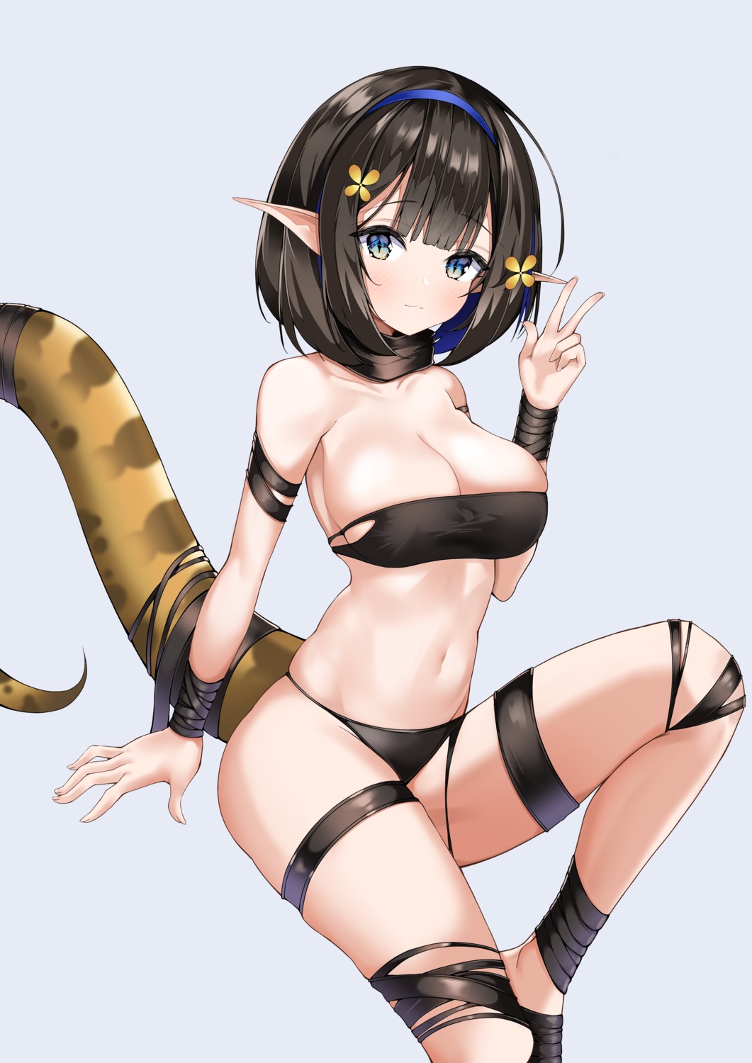 arknights eunectes_(arknights) garter no_bra pantsu pointy_ears tail tor_ai torn_clothes