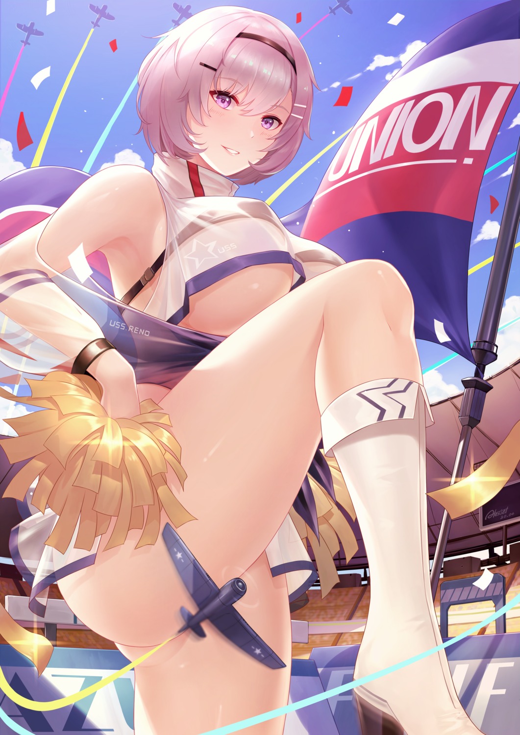 alexiel_(pixiv6211566) azur_lane bra cheerleader erect_nipples heels nopan reno_(azur_lane) see_through skirt_lift