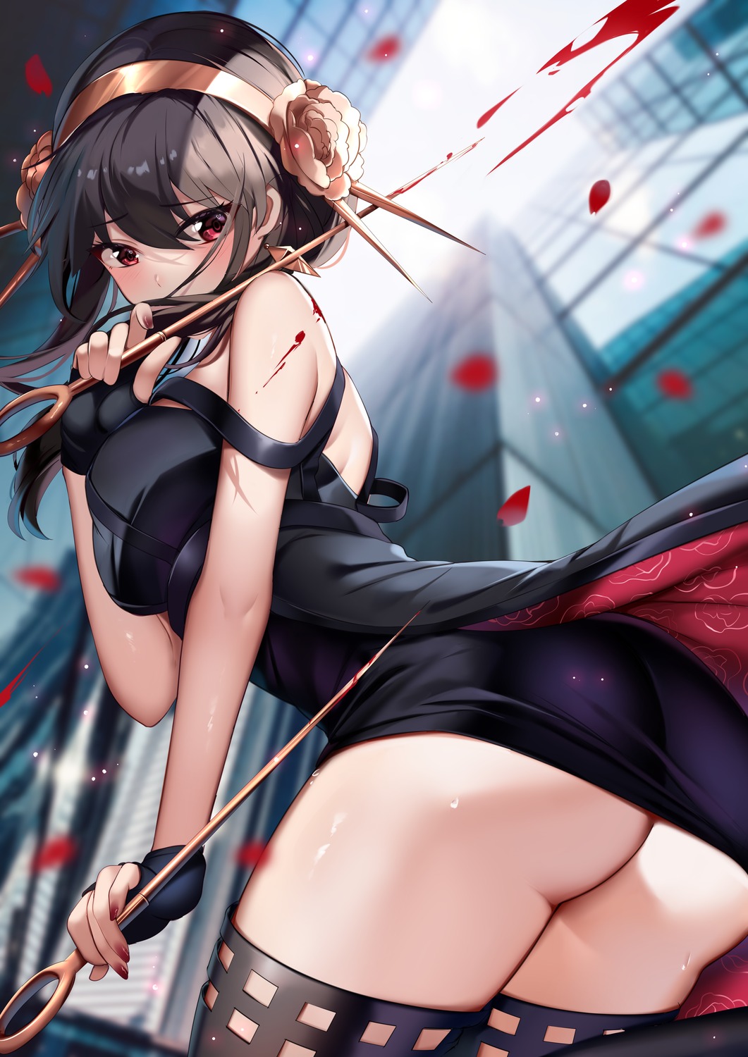 ass blood dress nopan skirt_lift spy_x_family squchan thighhighs weapon yor_briar