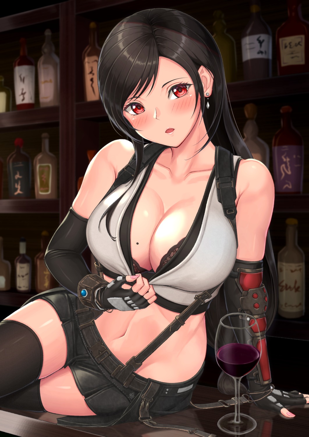 bra cleavage final_fantasy final_fantasy_vii nemunemu_semi open_shirt thighhighs tifa_lockhart