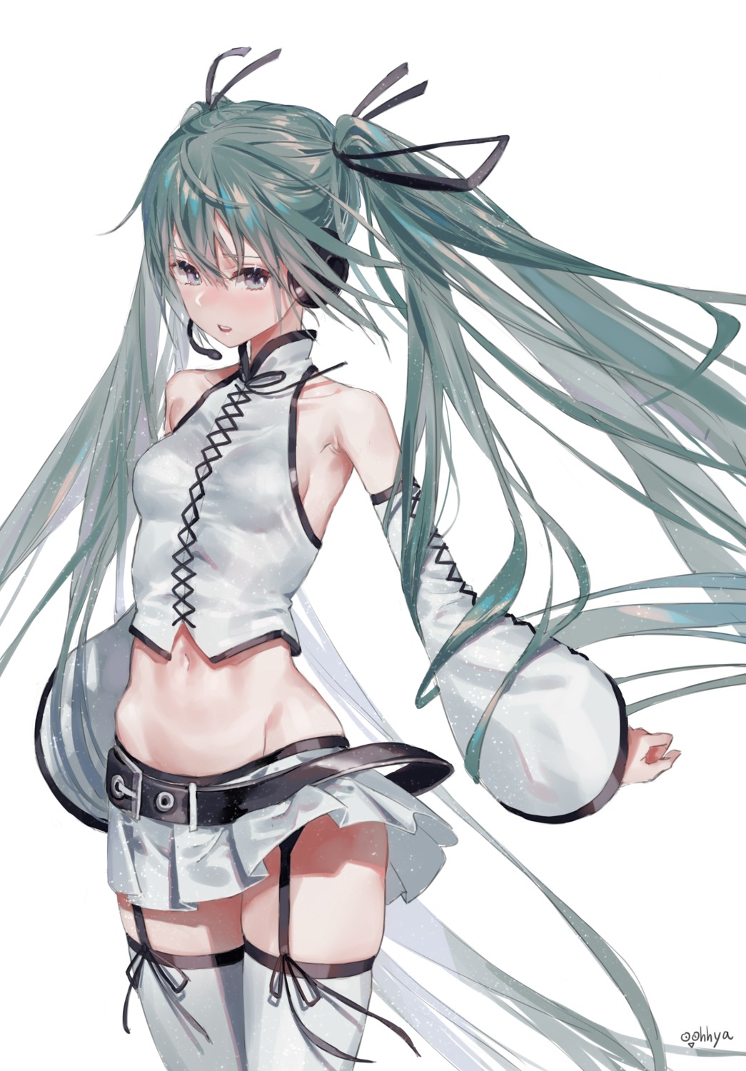 hatsune_miku headphones no_bra oohhya skirt_lift stockings thighhighs vocaloid