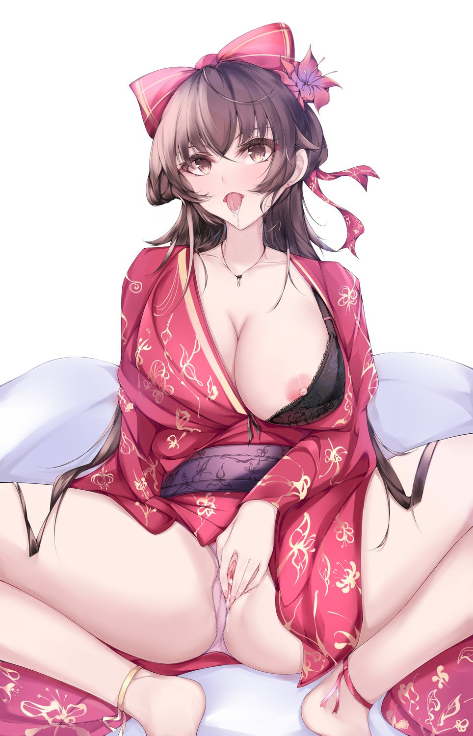 1921494015 bra cum japanese_clothes nipples open_shirt pantsu pussy skirt_lift thong