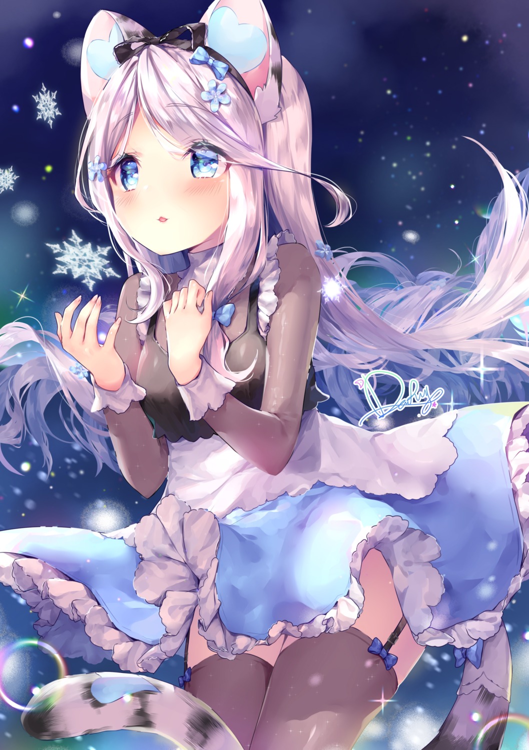 animal_ears breast_hold dress nekomimi odaefnyo skirt_lift stockings tail thighhighs