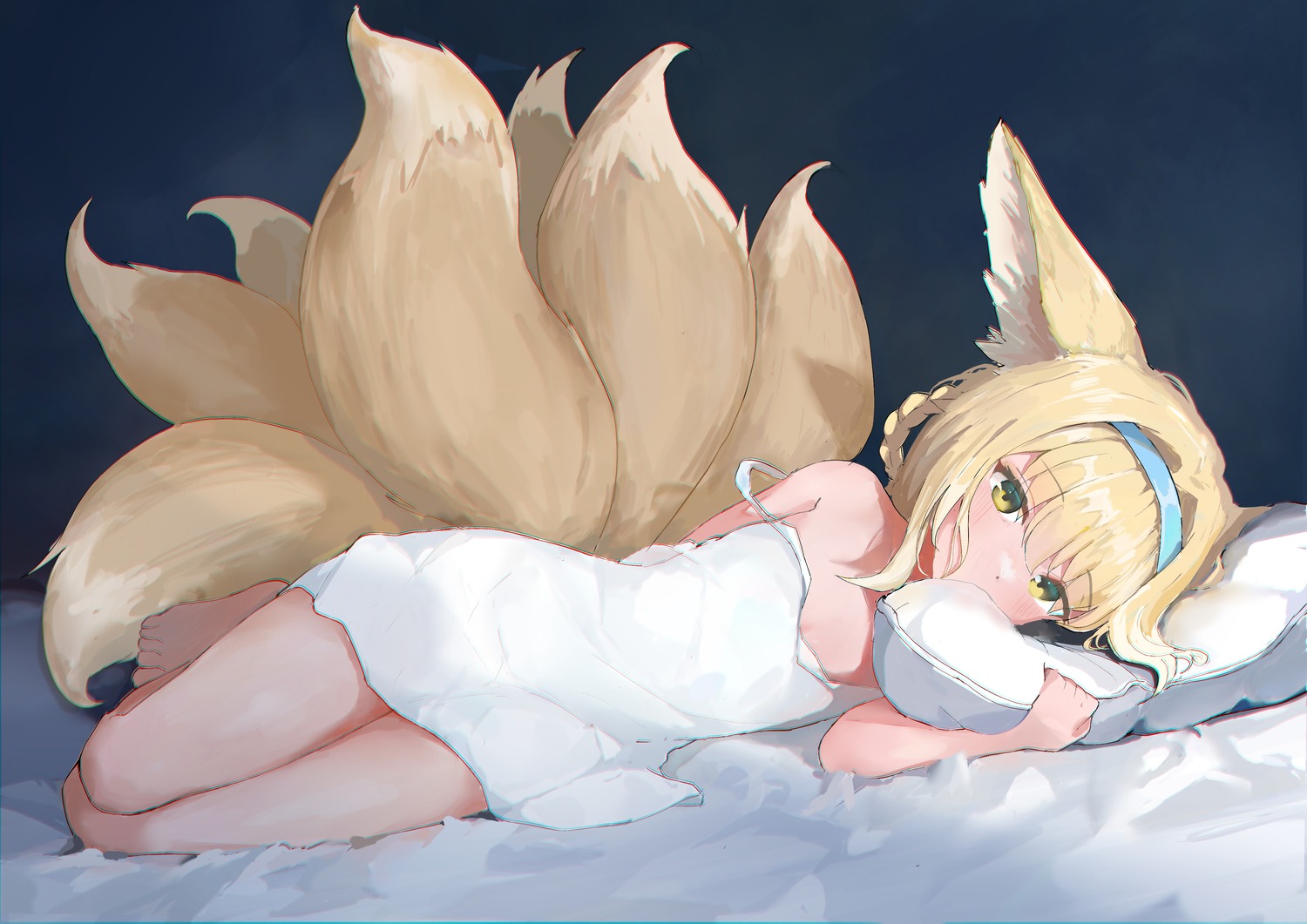 akadashi1210 animal_ears arknights dress kitsune loli no_bra summer_dress suzuran_(arknights) tail