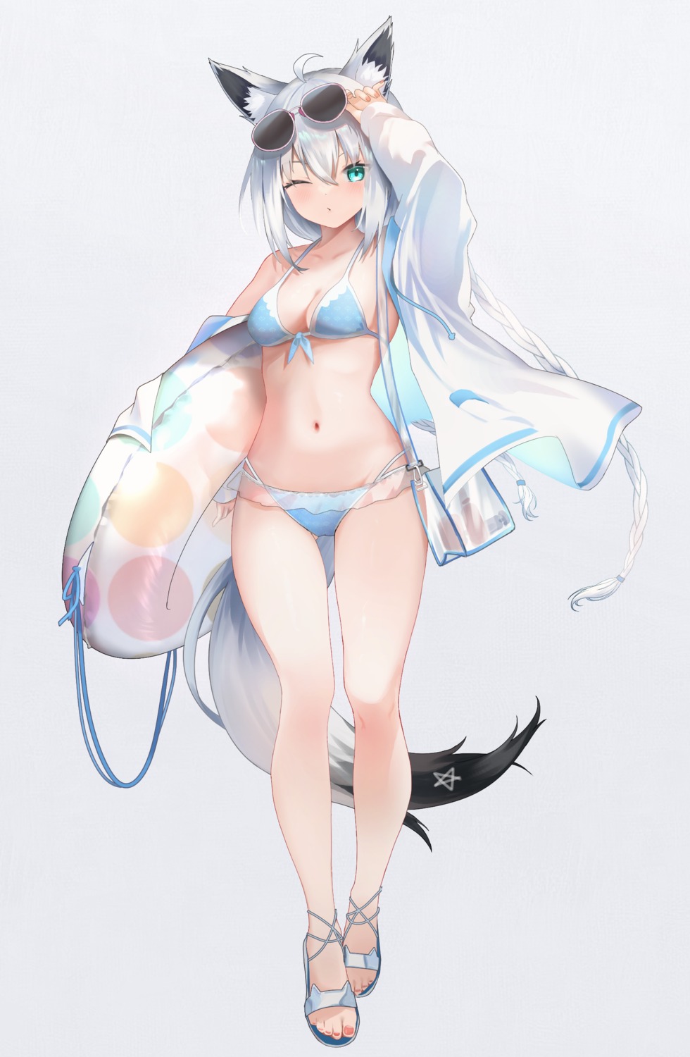 animal_ears bikini hololive hololive_gamers kitsune megane miaohik open_shirt see_through shirakami_fubuki swimsuits tail