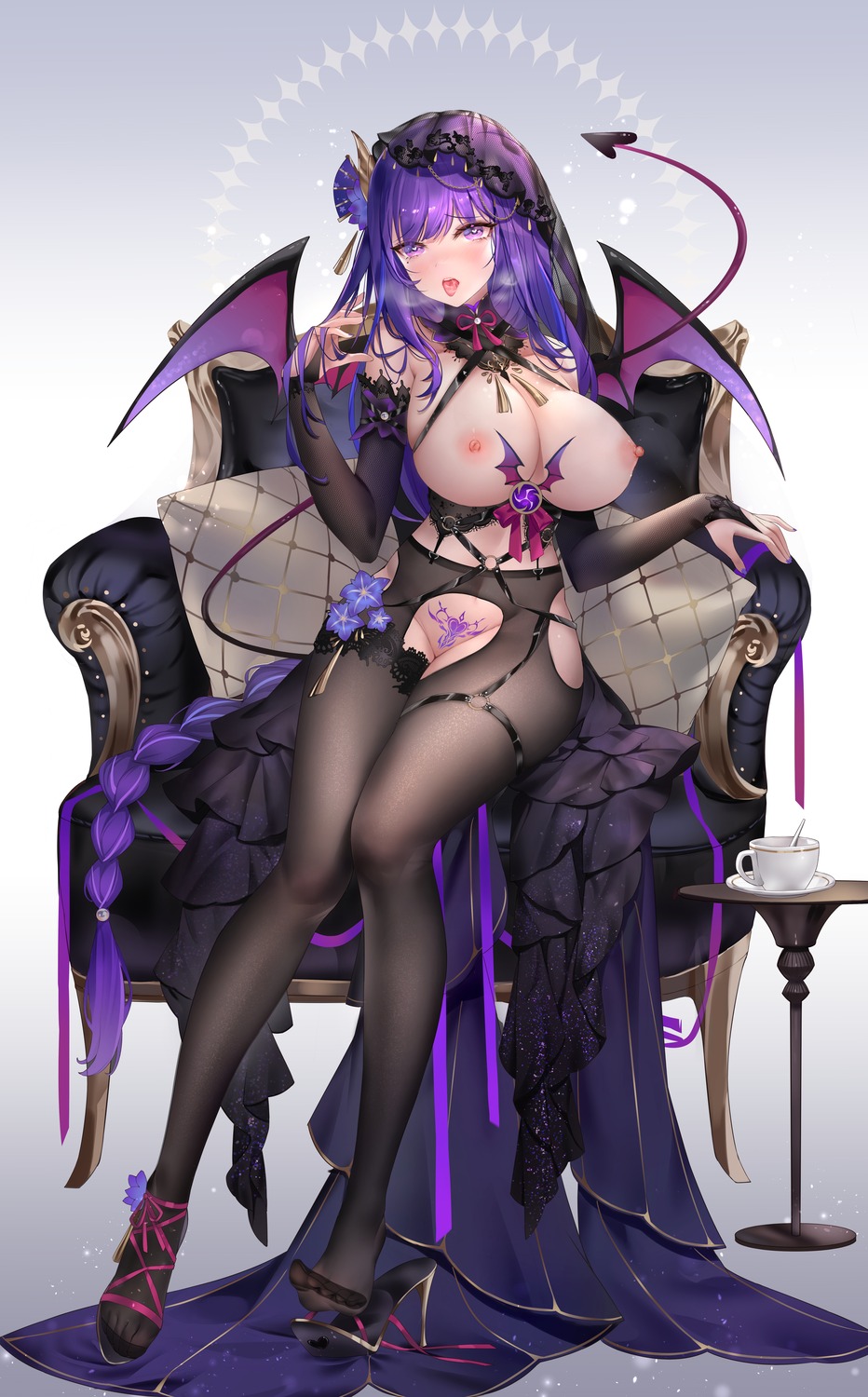 breasts devil garter genshin_impact heels melailai nipples no_bra nopan pantyhose raiden_shogun tail tattoo wings