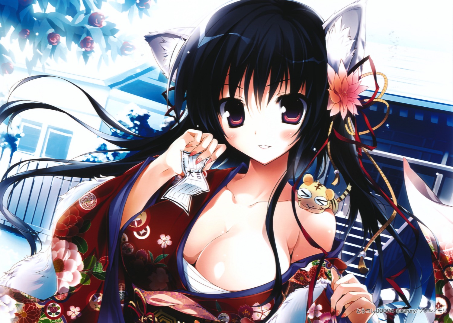 animal_ears cleavage karory kimono nekomimi sarashi toranoana