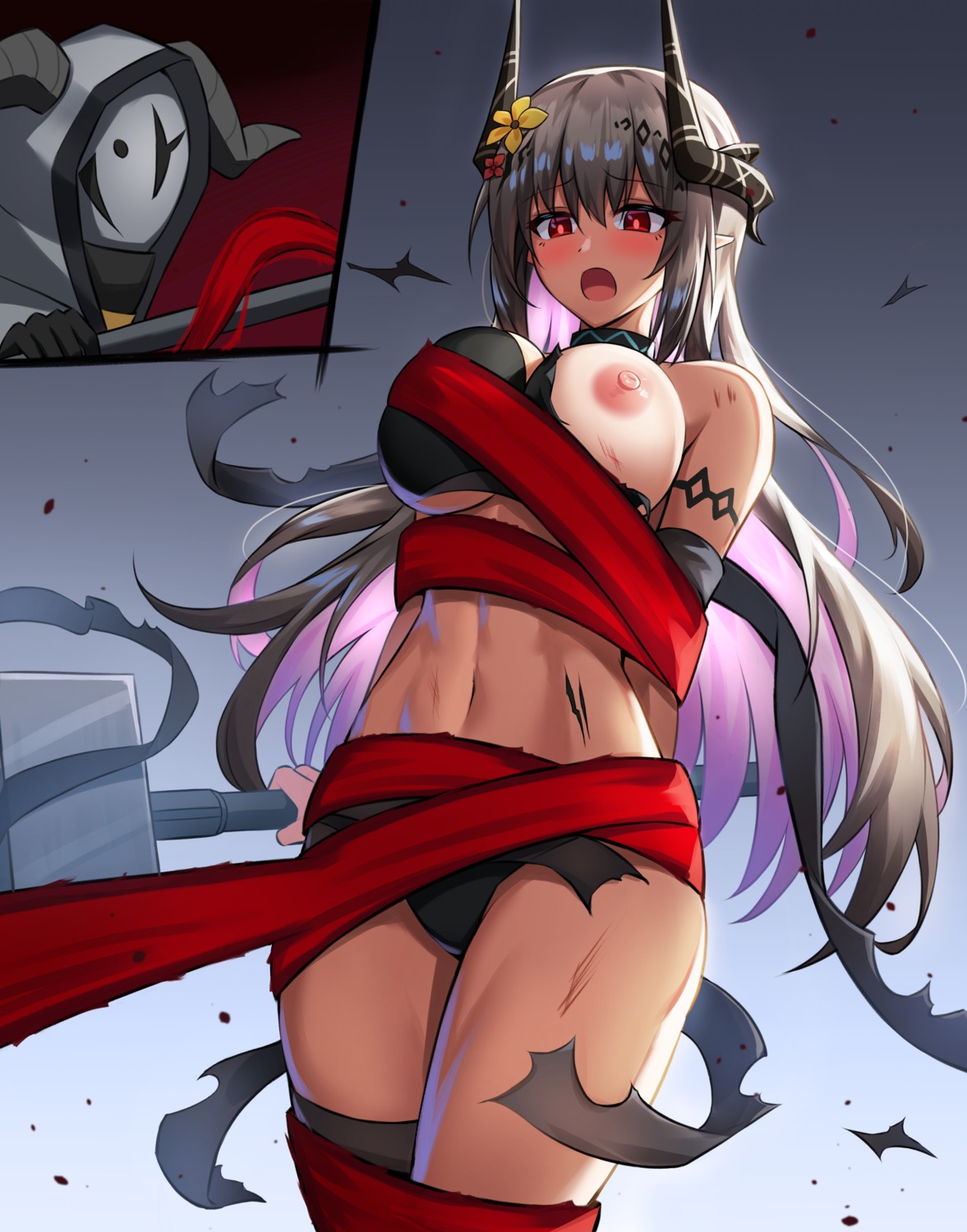 arknights bikini bondage breasts horns mudrock_(arknights) nipples pangjelly pointy_ears swimsuits weapon