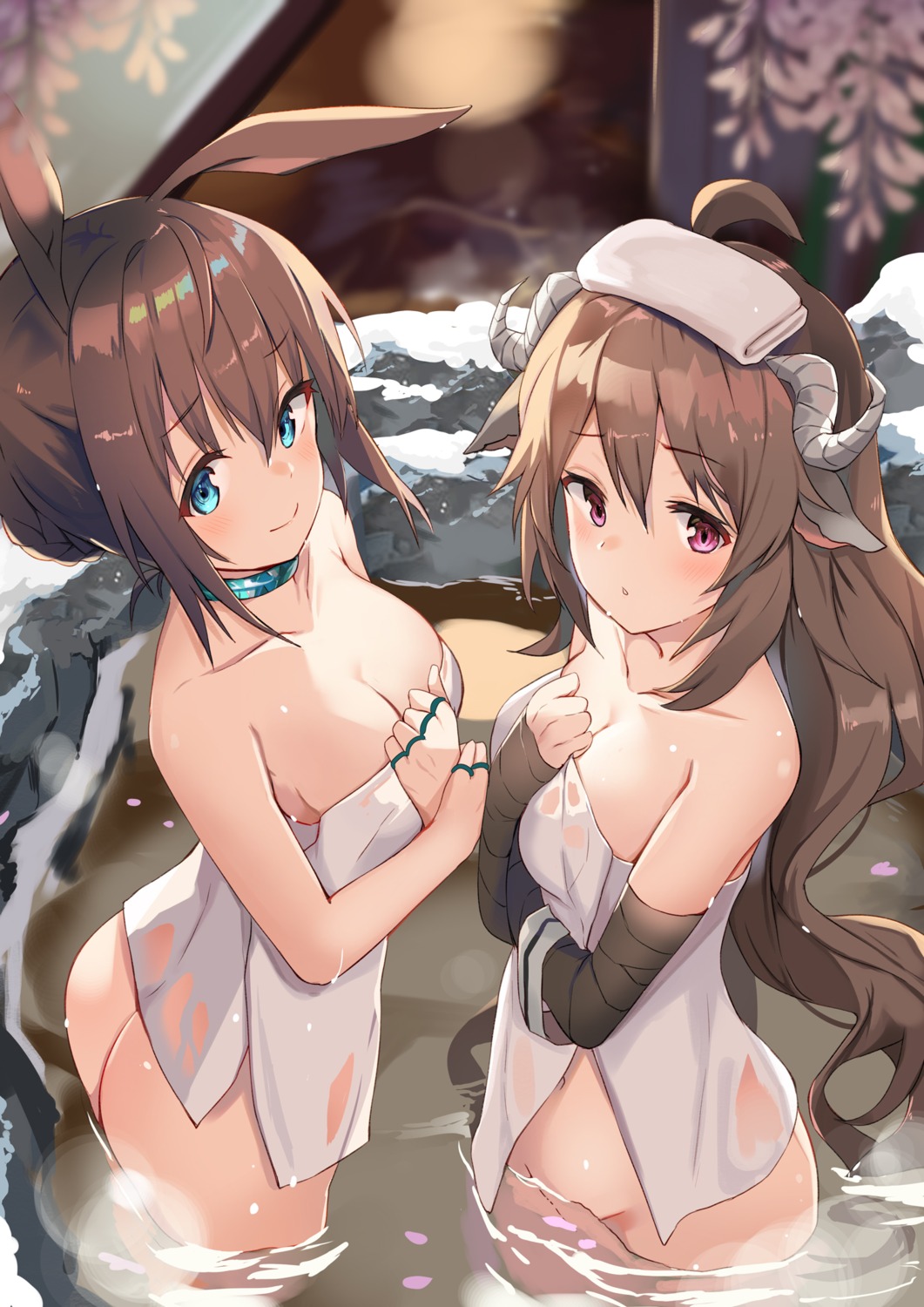 amiya_(arknights) animal_ears arknights ass breast_hold bunny_ears eyjafjalla_(arknights) horns naked togo_(korlsj1235) towel wet