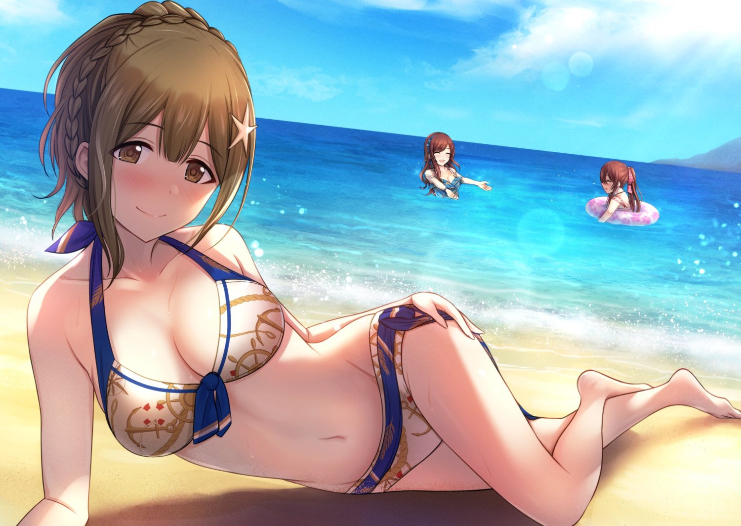 bikini cleavage kuwayama_chiyuki miyar2d2 oosaki_amana oosaki_tenka swimsuits the_idolm@ster the_idolm@ster_shiny_colors wet