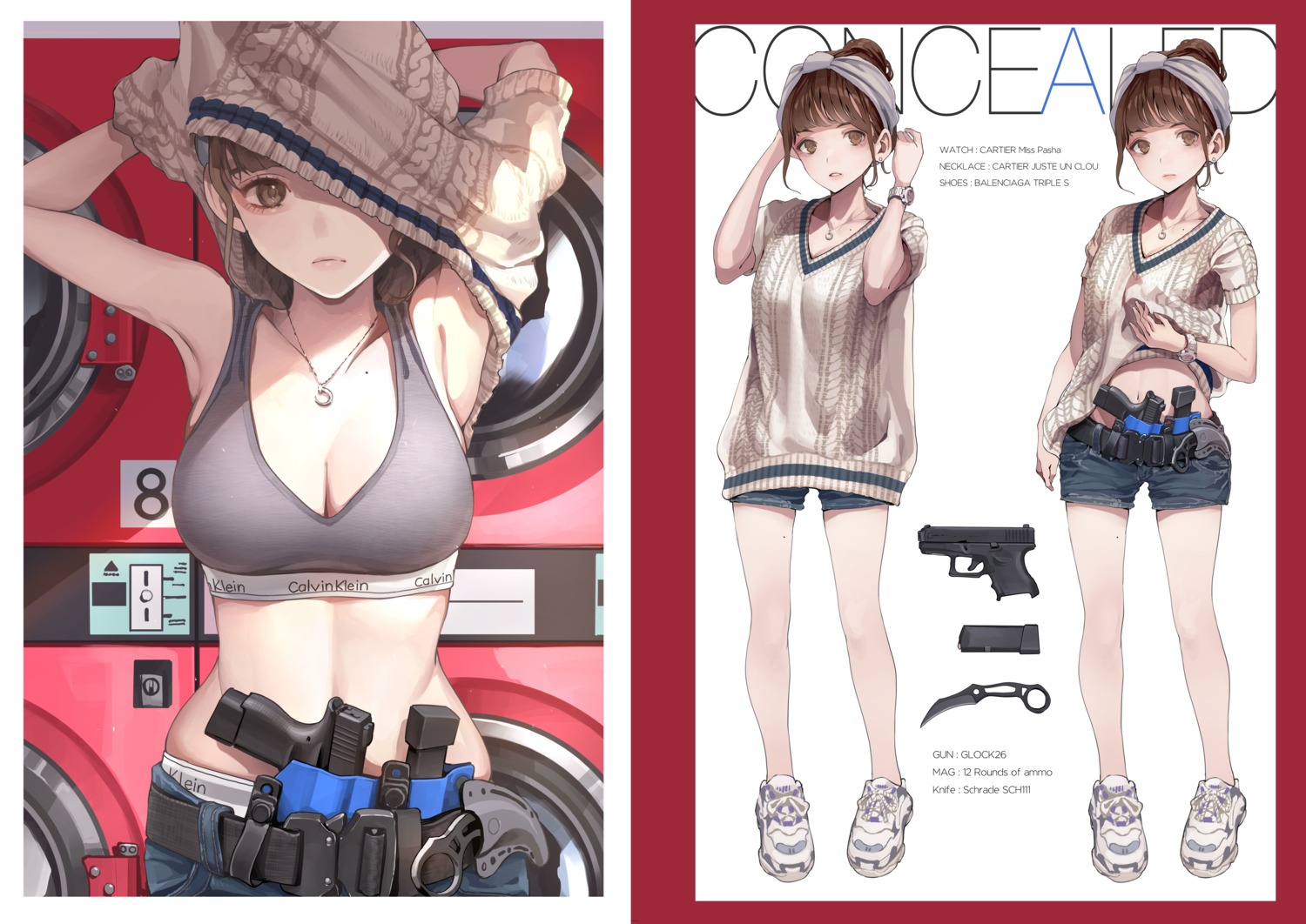 bra cleavage gun koh_(minagi_kou) pantsu shirt_lift sweater undressing weapon