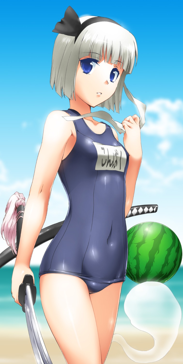 byeontae_jagga jpeg_artifacts konpaku_youmu school_swimsuit swimsuits sword touhou