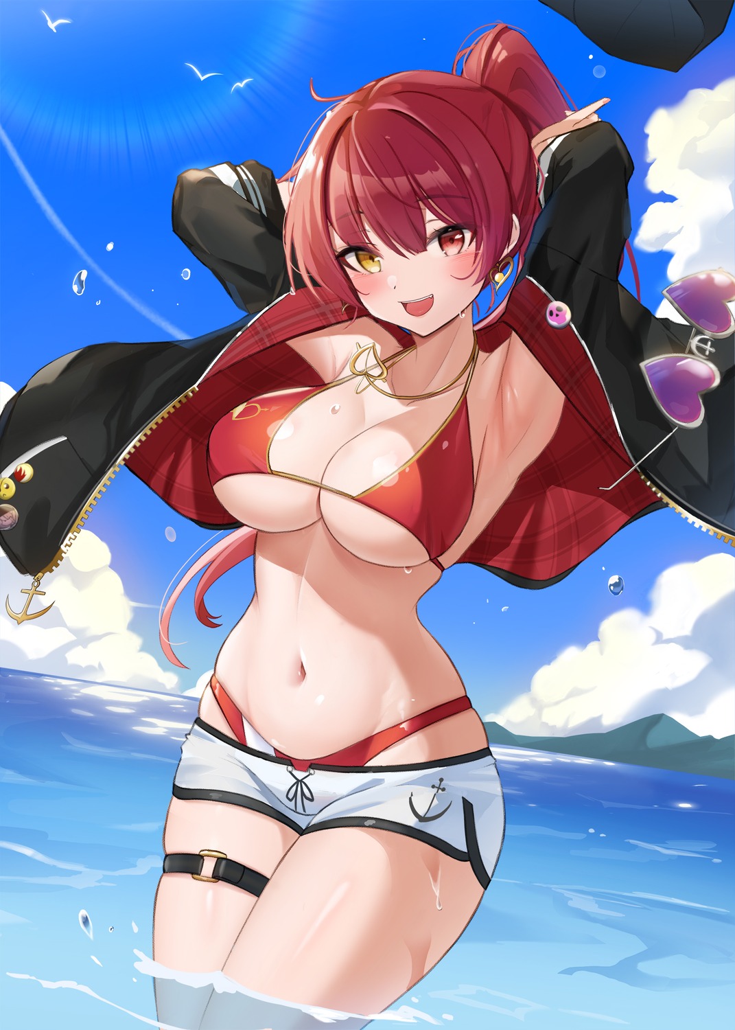 b_grade bikini garter heterochromia hololive houshou_marine open_shirt swimsuits wet