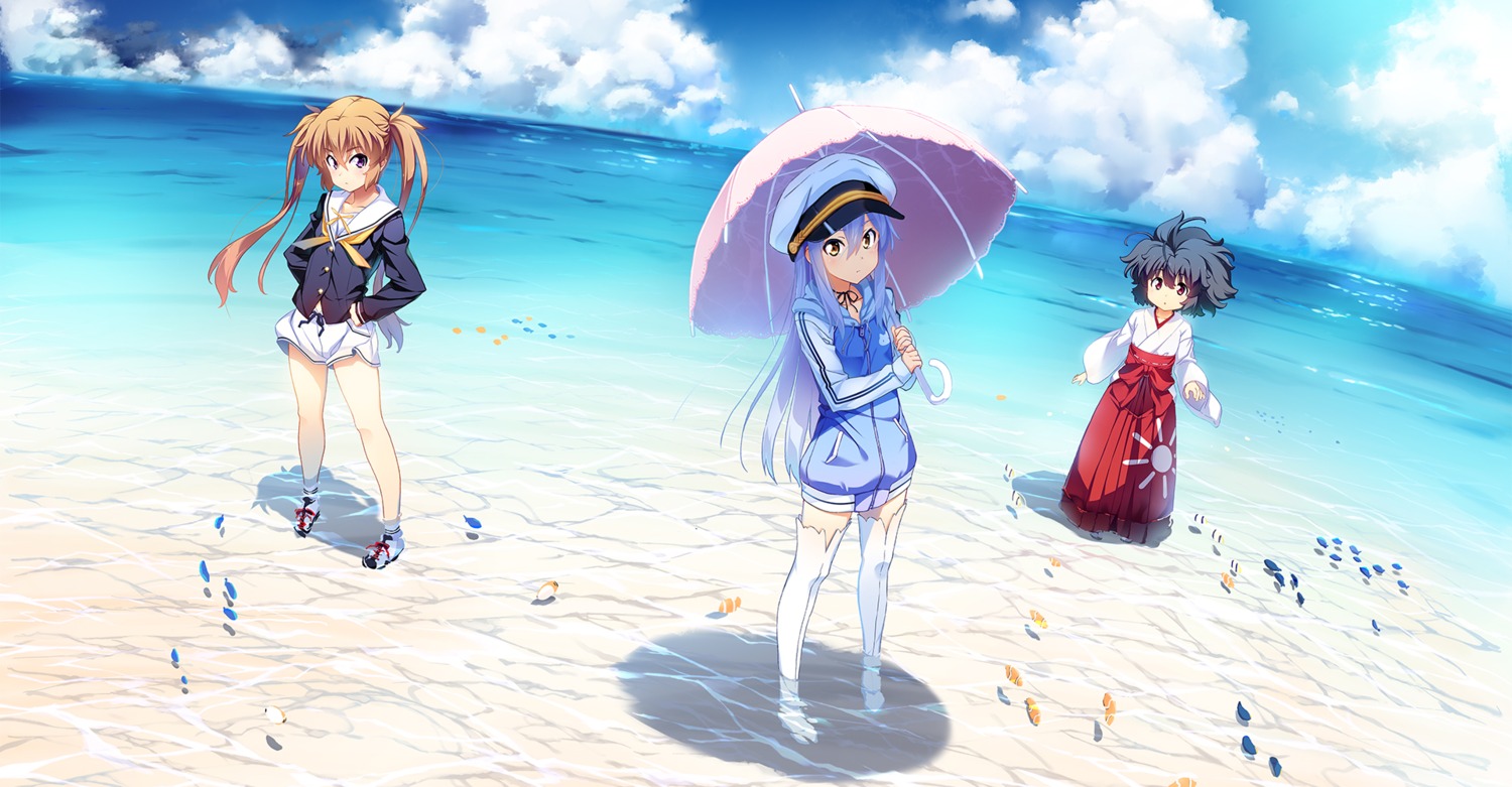 front_wing garandou_sara heels island_(game) kurutsu_karen kuuchuu_yousai miko ohara_rinne seifuku thighhighs umbrella wallpaper wet