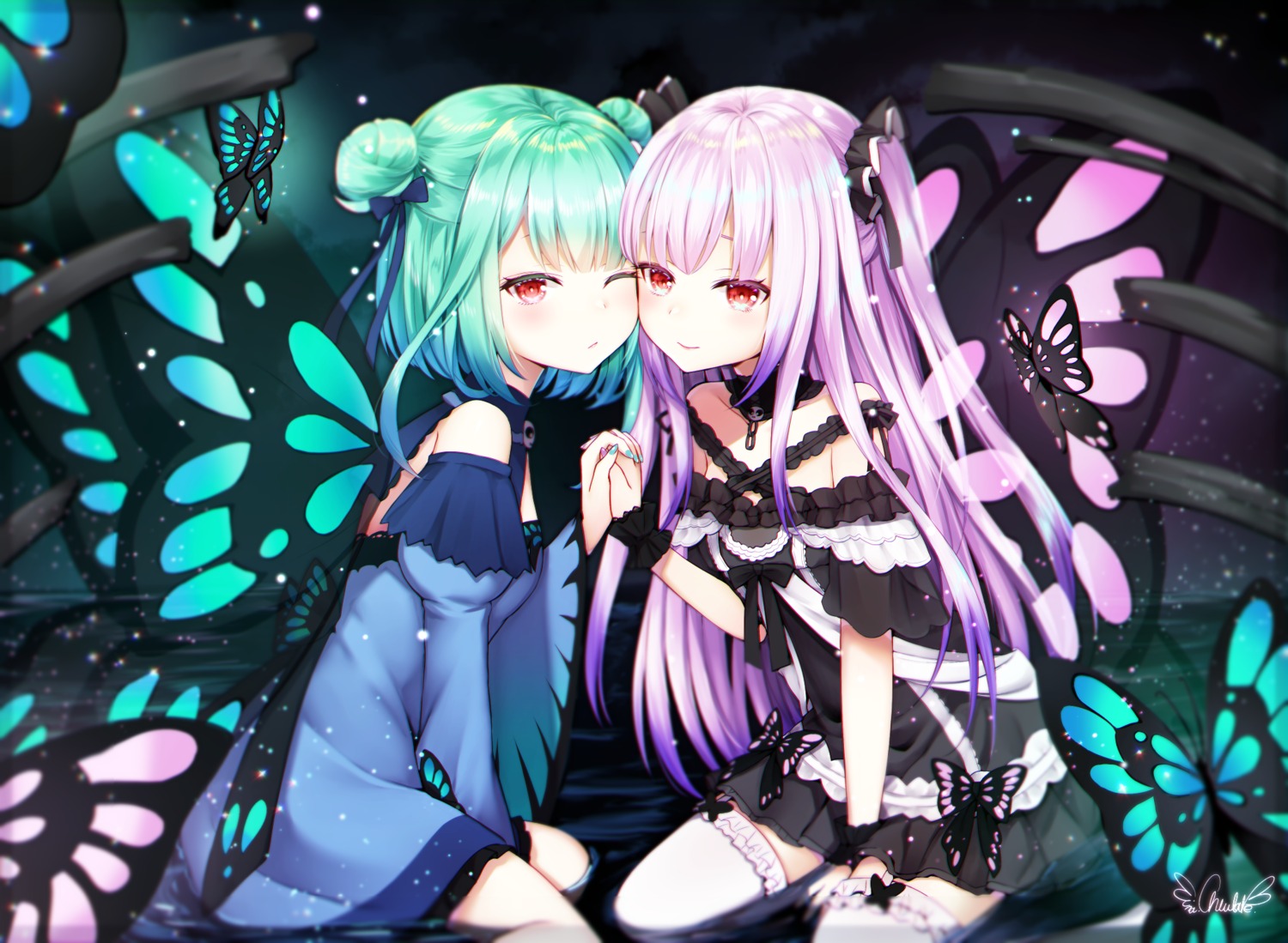 chiutake_mina dress gothic_lolita hololive lolita_fashion stockings thighhighs uruha_rushia wet wings yuri