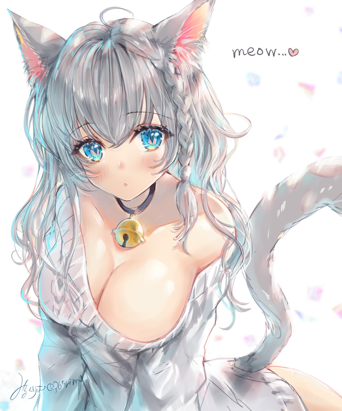 animal_ears mirukurim nekomimi no_bra sketch sweater tail