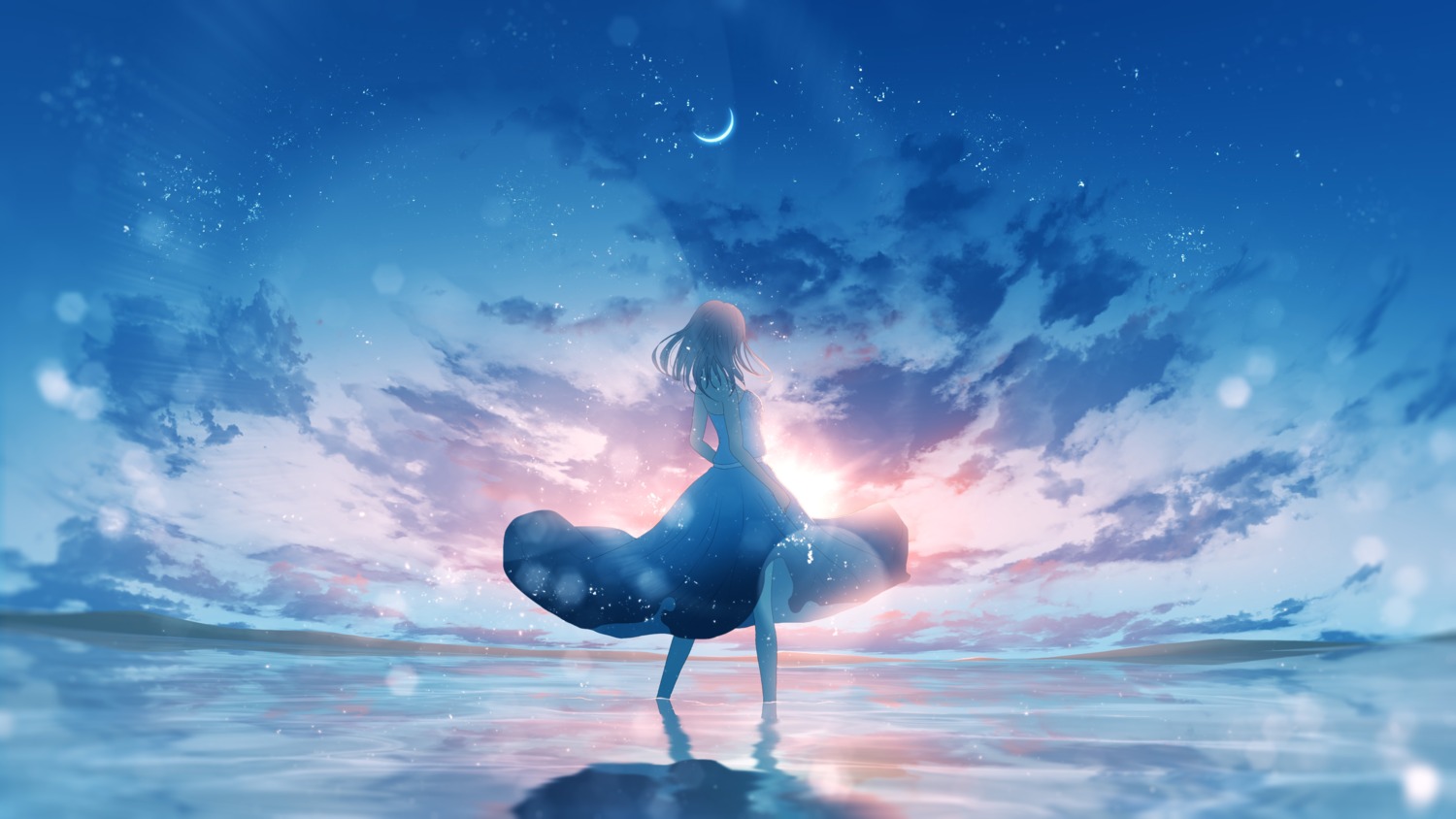 dress furi_(fu-ri) landscape skirt_lift wallpaper wet