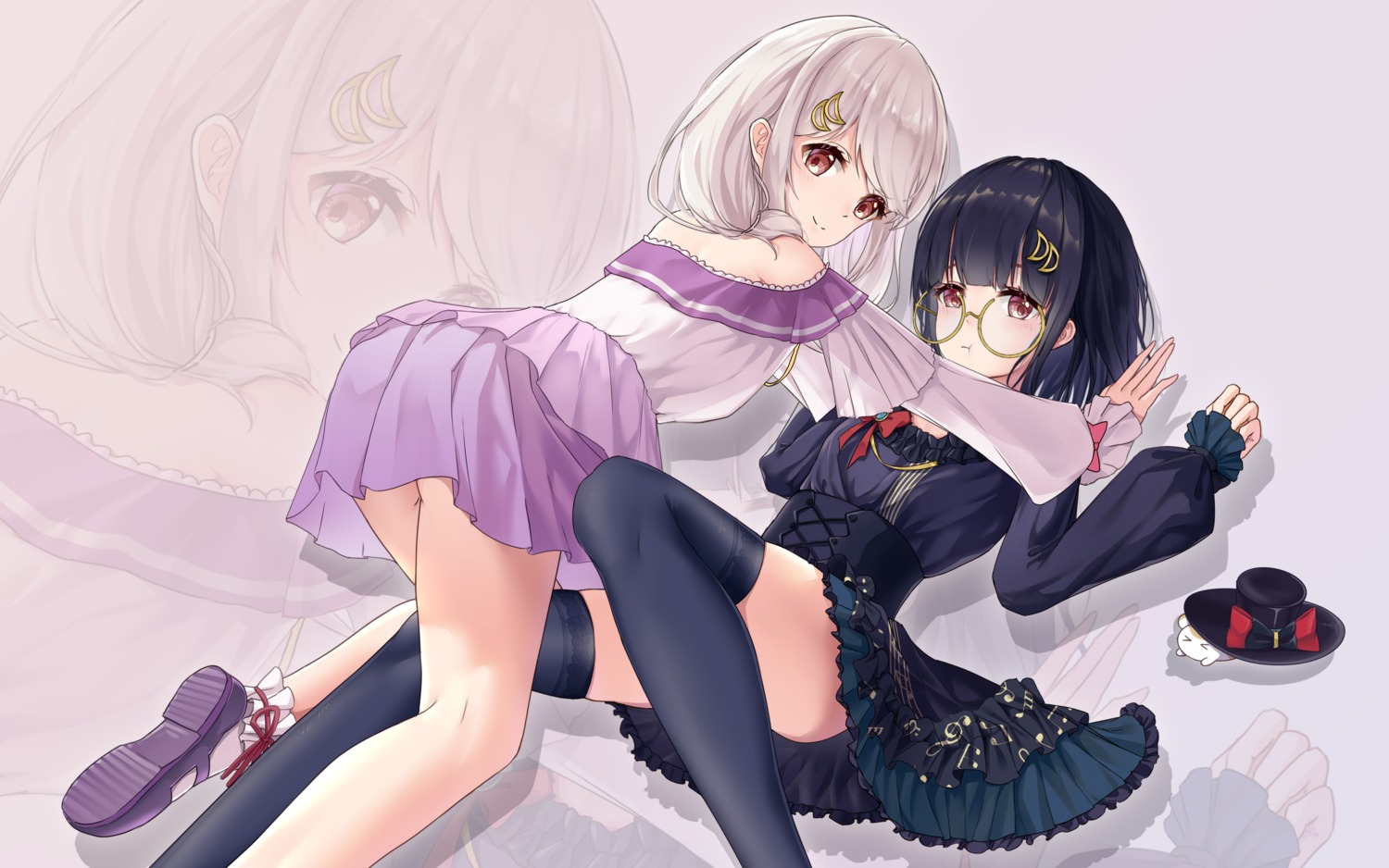 ass dress gothic_lolita lolita_fashion megane qianze_chia skirt_lift thighhighs yuri