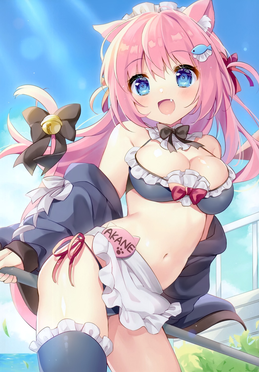 animal_ears bikini maid natsuki_marina nekomimi open_shirt skirt_lift swimsuits tail thighhighs