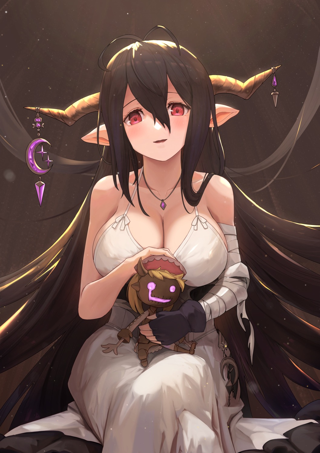 bandages cleavage danua dress granblue_fantasy horns no_bra pointy_ears saliu