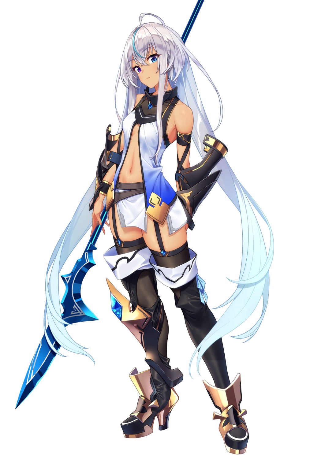 armor baffu heels heterochromia no_bra open_shirt stockings thighhighs weapon yuna_(baffu)