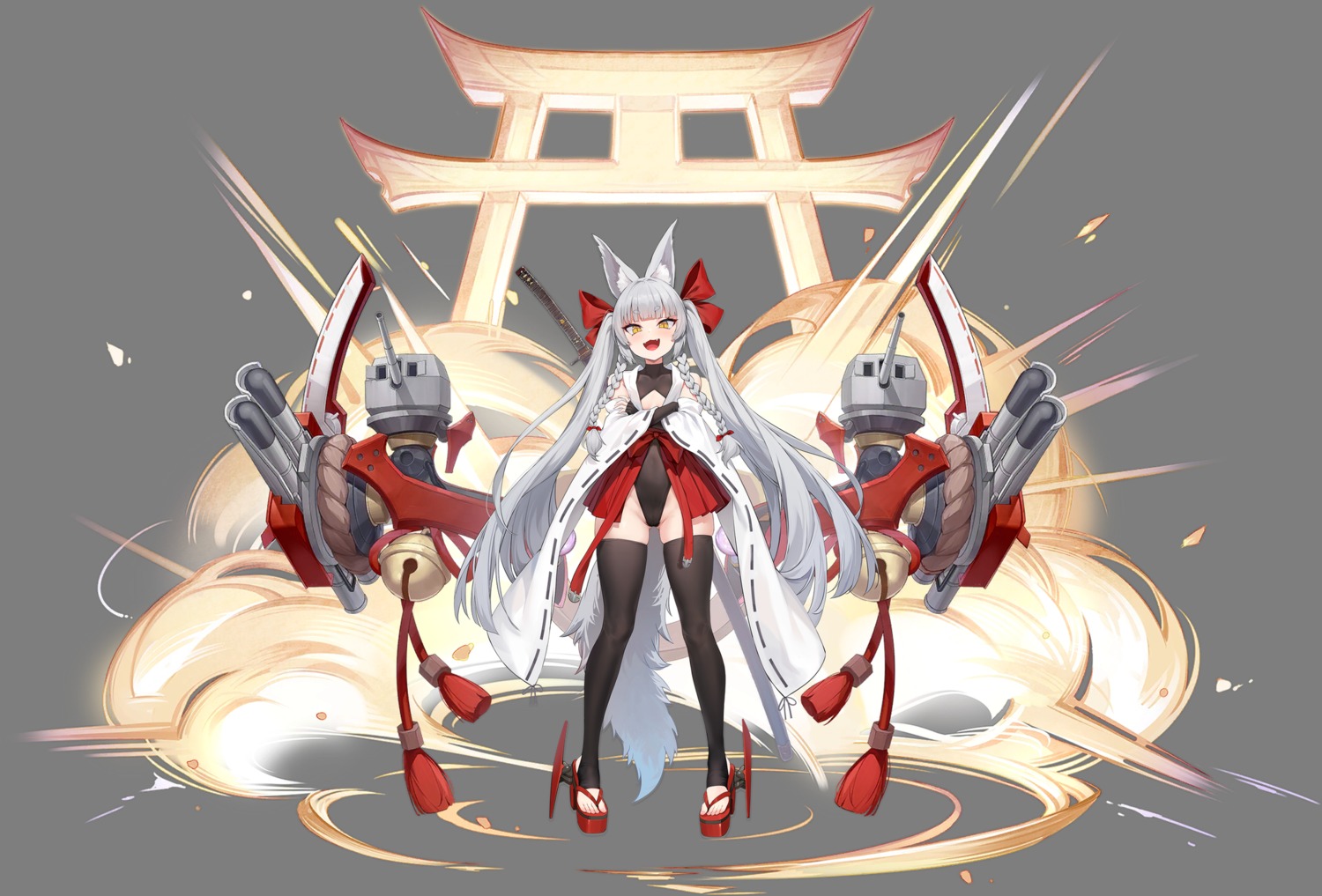 asanagi asanagi_(azur_lane) azur_lane gun heels kitsune leotard miko nopan sword tail thighhighs transparent_png