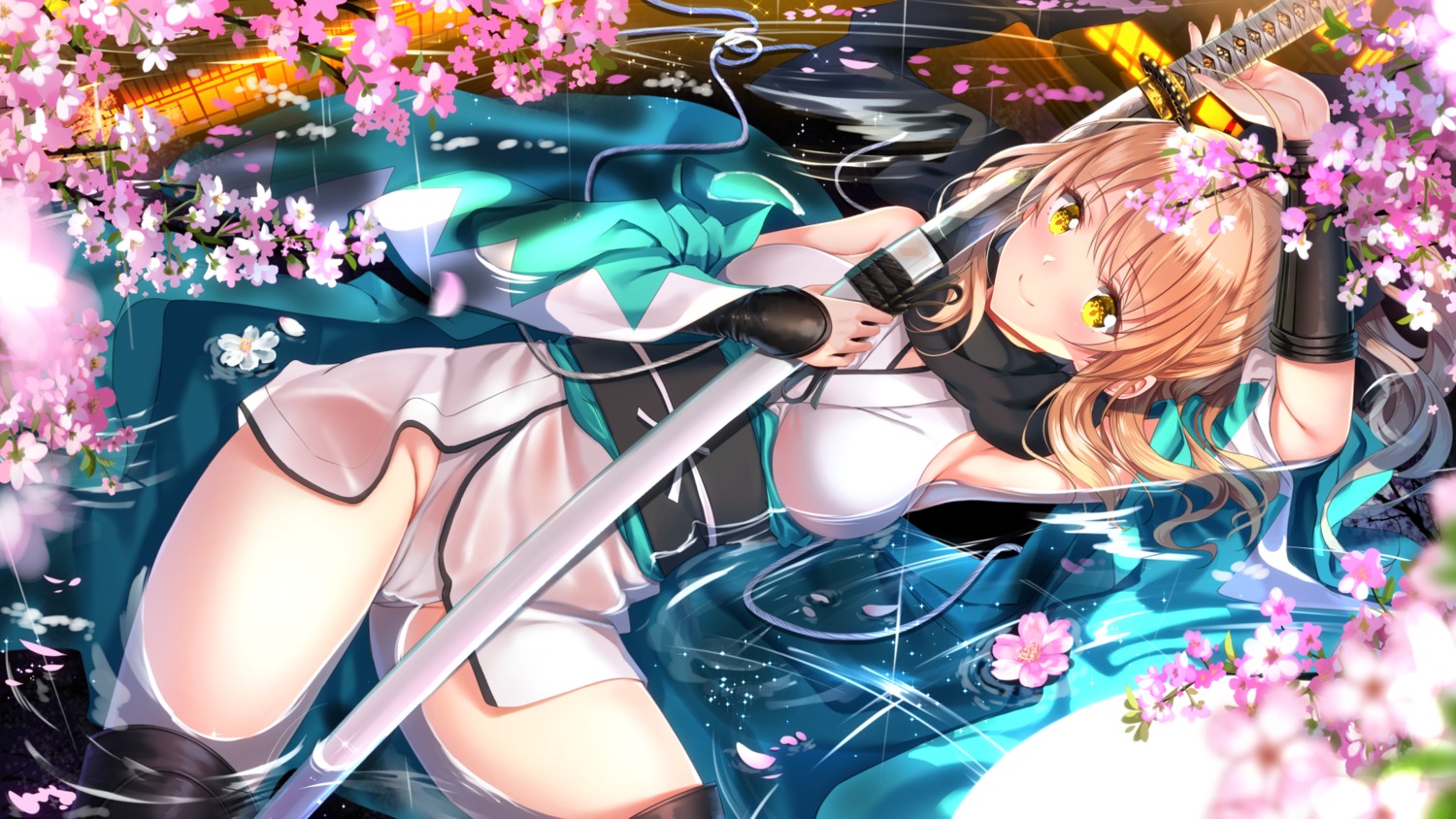 cameltoe fate/grand_order japanese_clothes okita_souji_(fate) see_through sword swordsouls thighhighs wallpaper wet wet_clothes