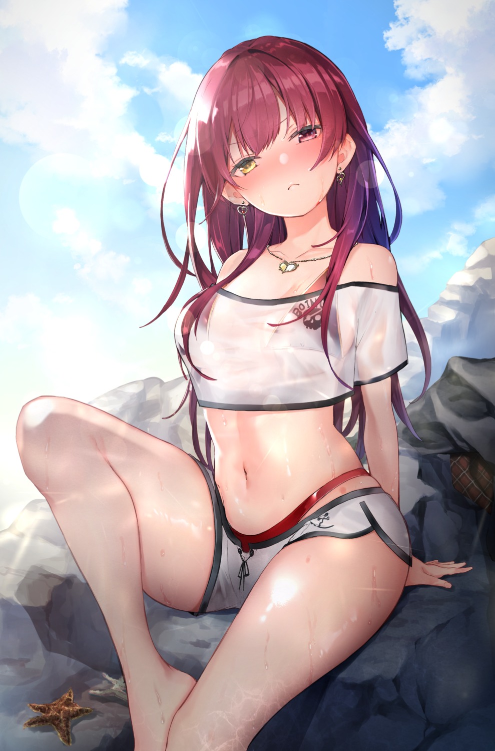 bikini enomoto_nao heterochromia hololive houshou_marine see_through swimsuits wet wet_clothes