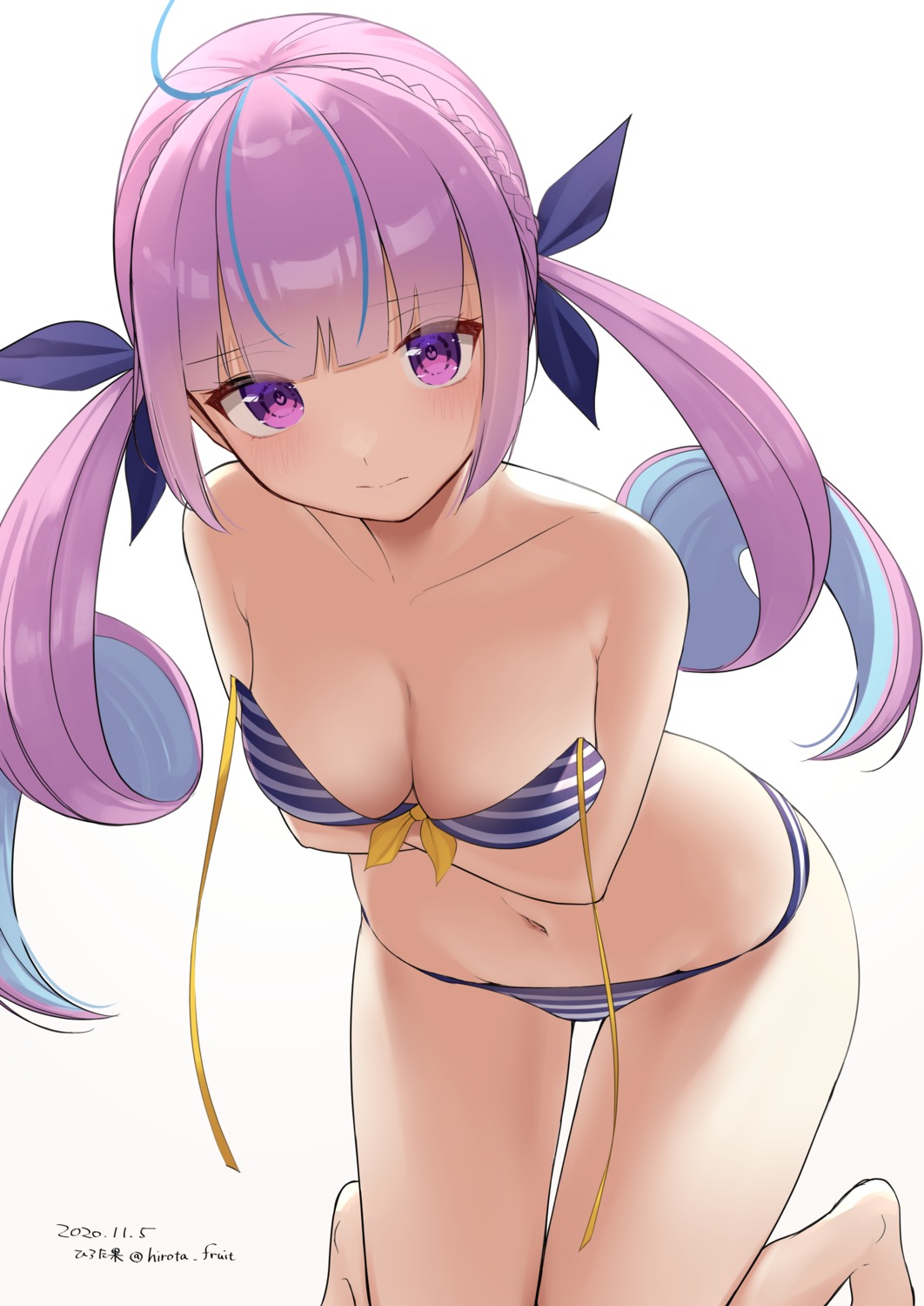 bikini breast_hold hirota_fruit hololive minato_aqua swimsuits wardrobe_malfunction