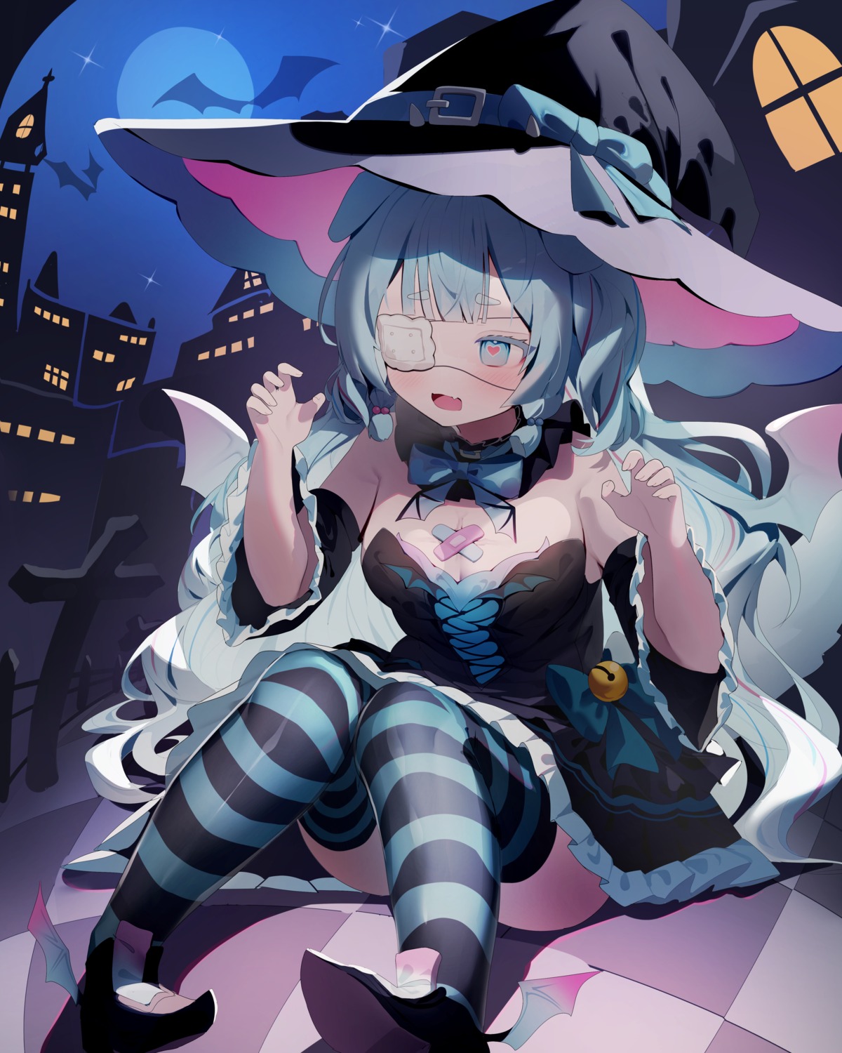 animal_ears bandaid dress eyepatch lazbee no_bra skirt_lift tail thighhighs wings witch