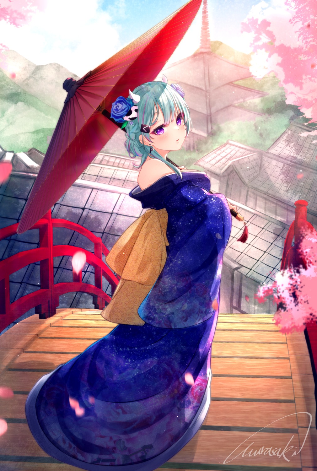 kimono no_bra purple_(jobseeking) umbrella