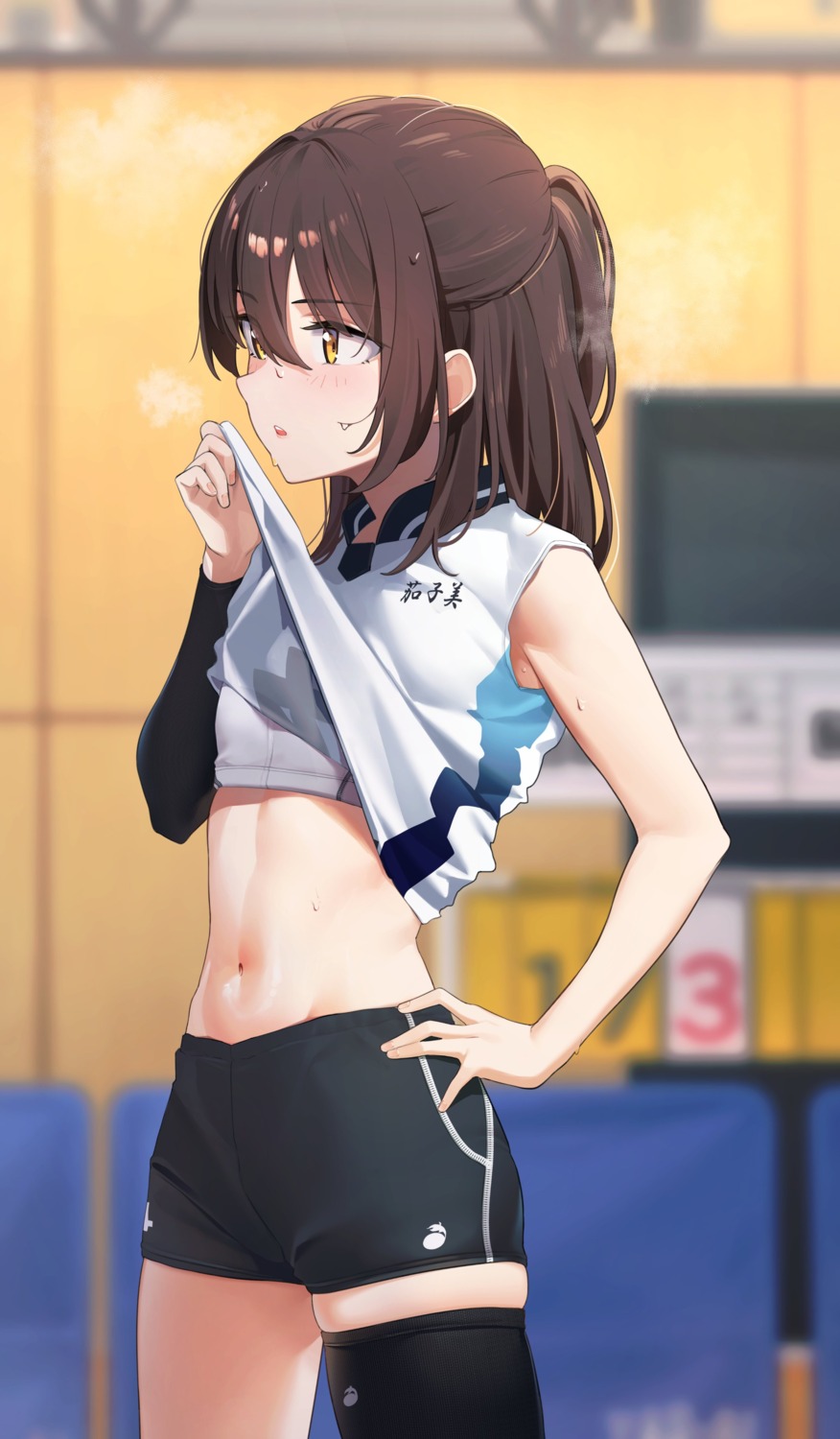 bra gym_uniform shirt_lift thighhighs undressing vegetablenabe