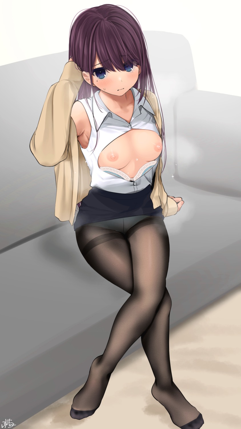 bra breasts dress_shirt maid-chan_(ramchi) nipples open_shirt pantsu pantyhose ramchi skirt_lift