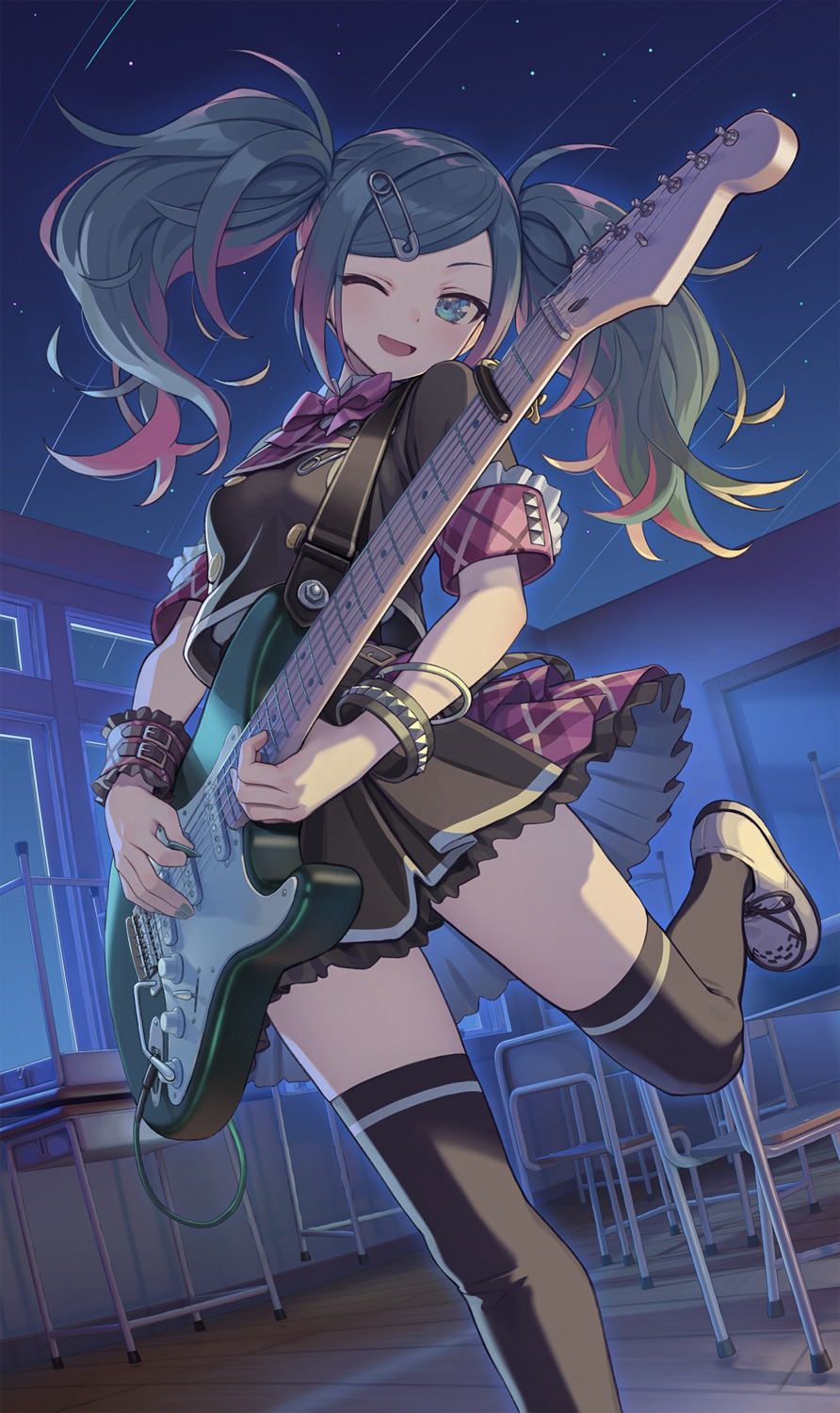 guitar hatsune_miku kurobuta_gekkan project_sekai skirt_lift thighhighs uniform vocaloid