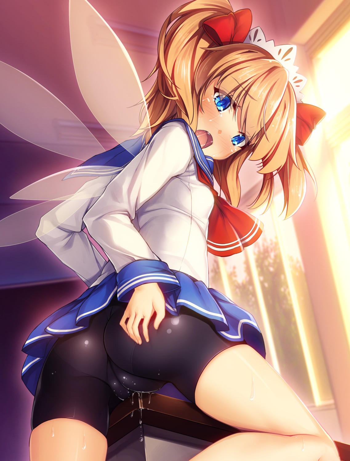 ass bike_shorts cameltoe chima_q masturbation pussy_juice seifuku skirt_lift sunny_milk touhou wings