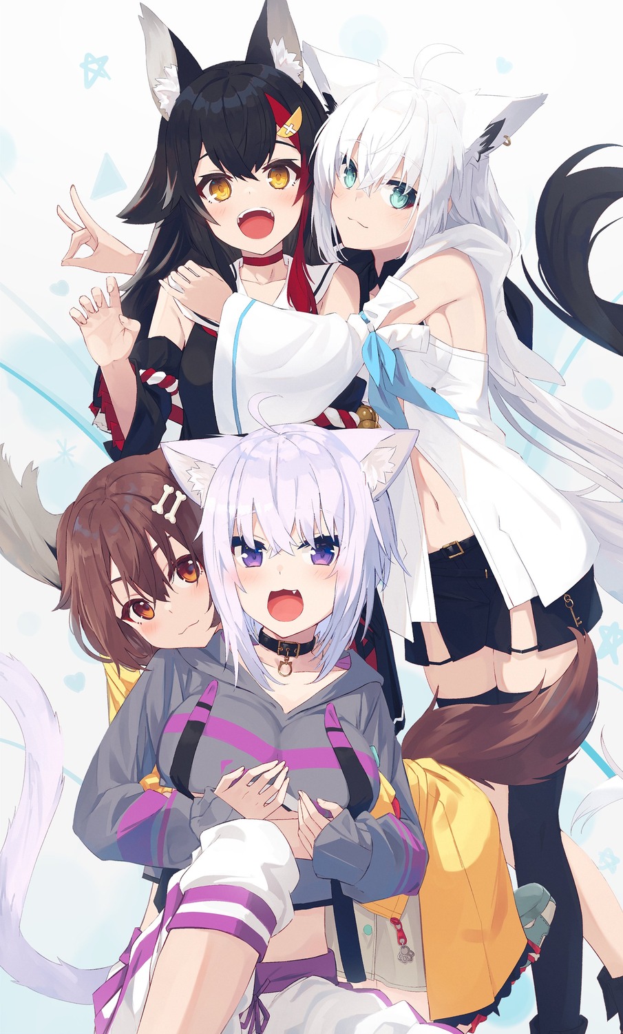 animal_ears hololive hololive_gamers inugami_korone inumimi kitsune nagishiro_mito nekomata_okayu nekomimi ookami_mio shirakami_fubuki tail thighhighs