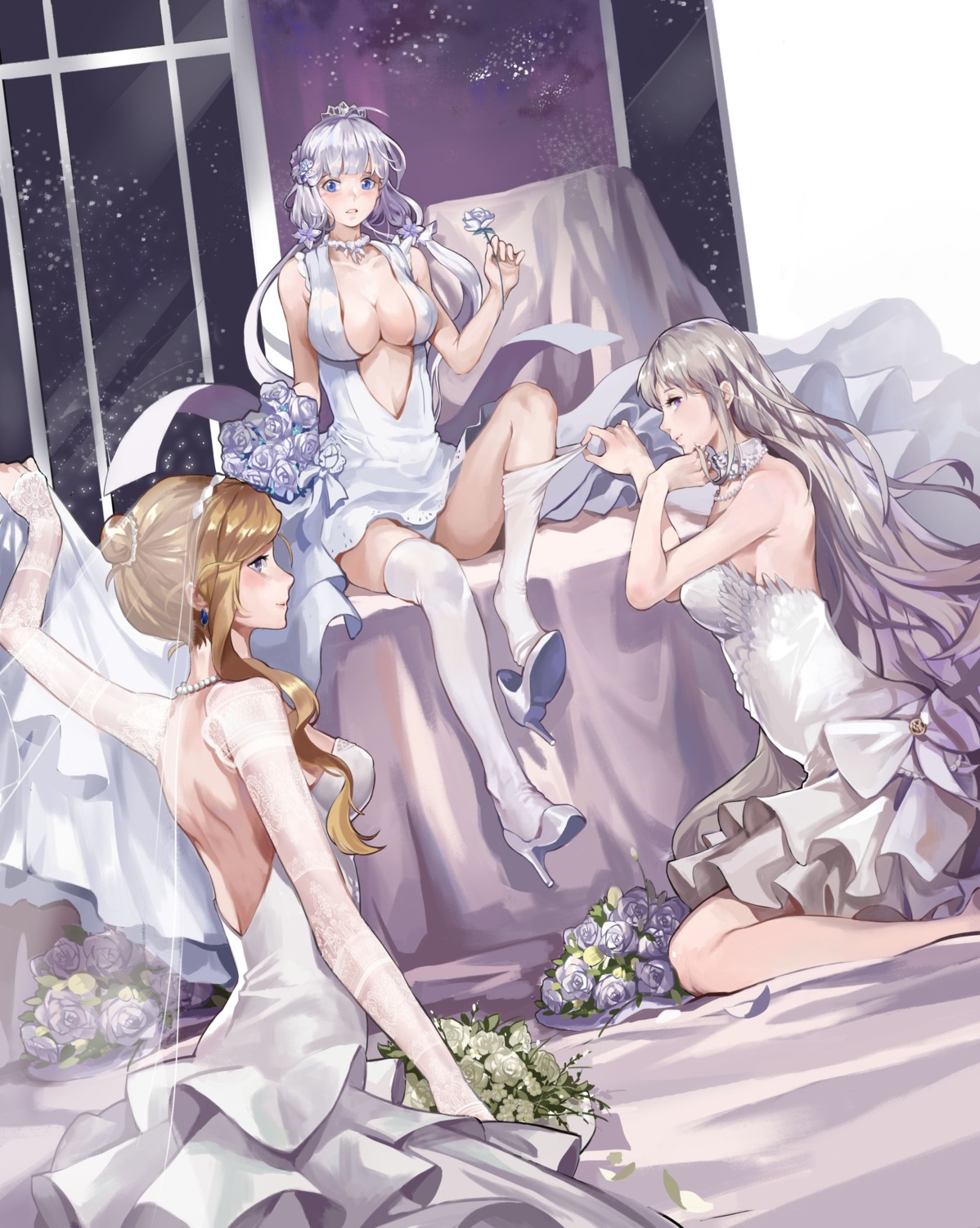 azur_lane dress enterprise_(azur_lane) heels hood_(azur_lane) illustrious_(azur_lane) narakuuu no_bra pantsu thighhighs wedding_dress