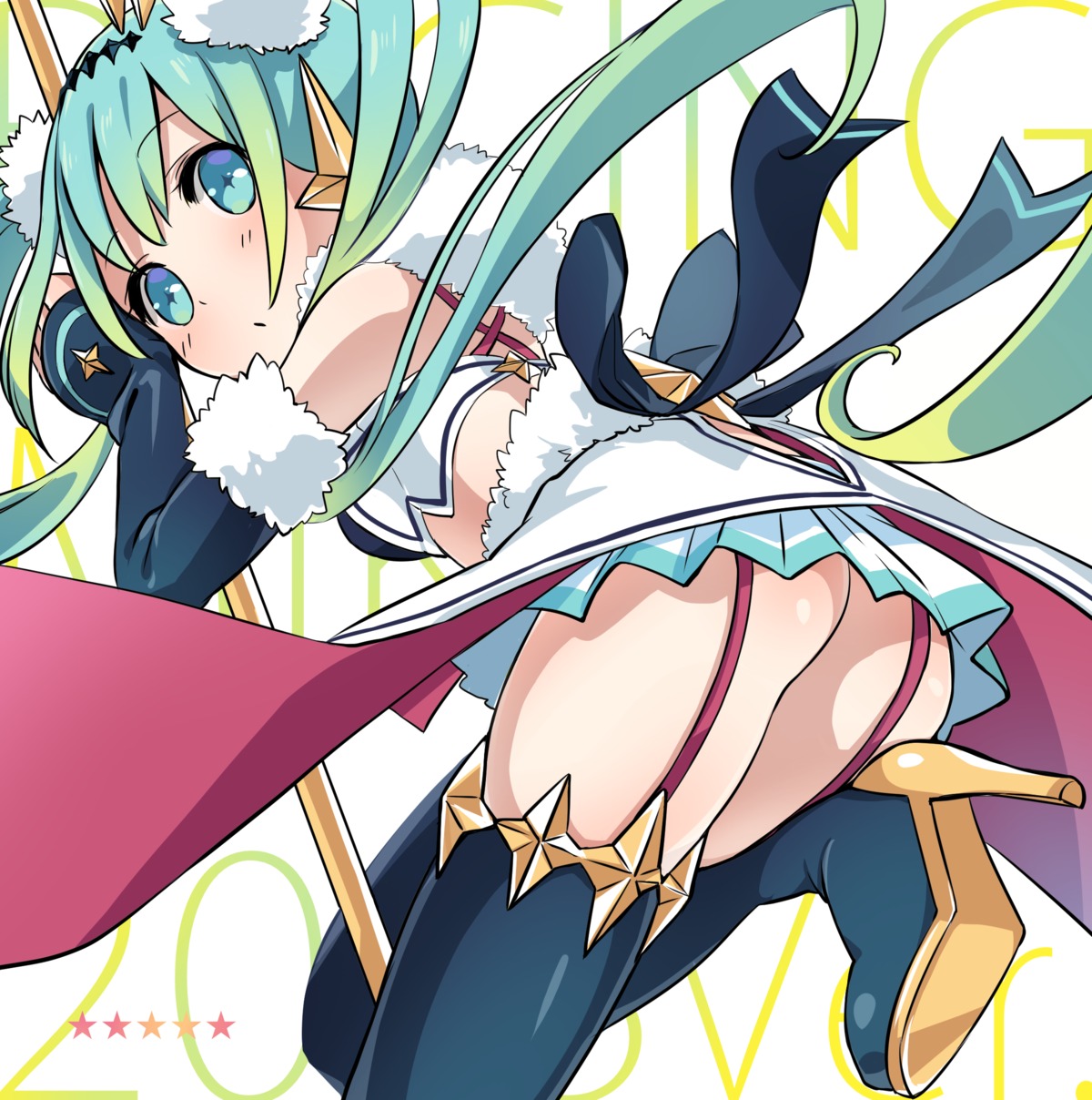 ass goodsmile_racing hatsune_miku heels nopan racing_miku skirt_lift stockings thighhighs vocaloid yuunagi_show