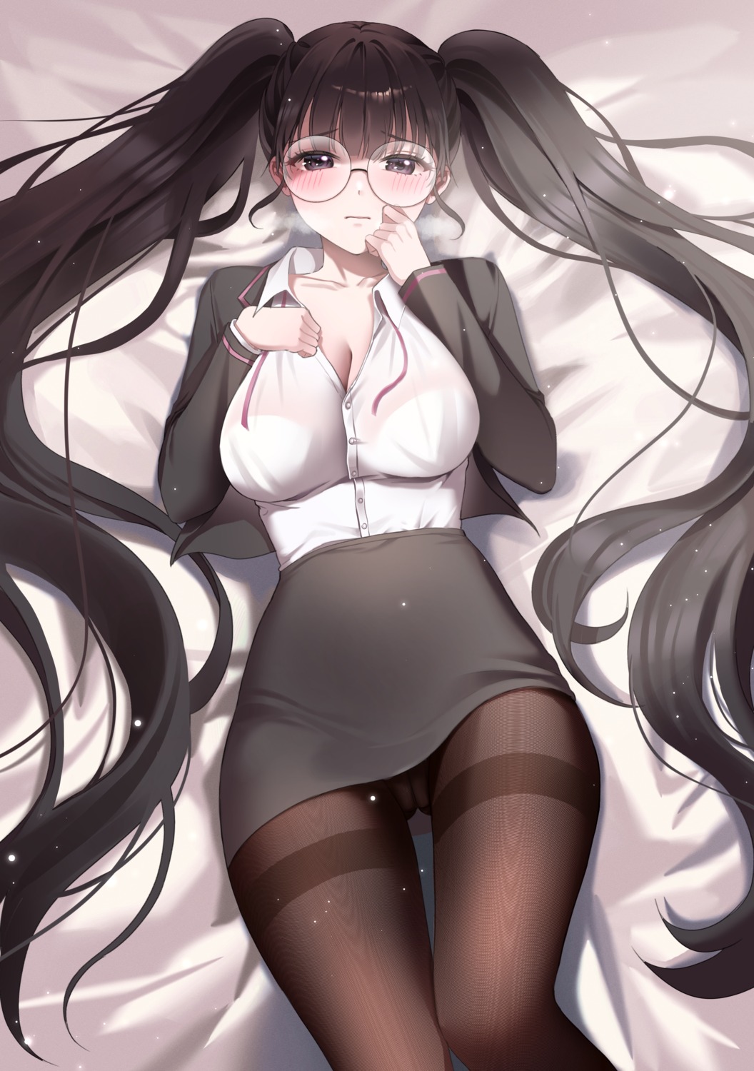bra business_suit cameltoe cleavage megane open_shirt pantyhose see_through skirt_lift woo_ing's_character