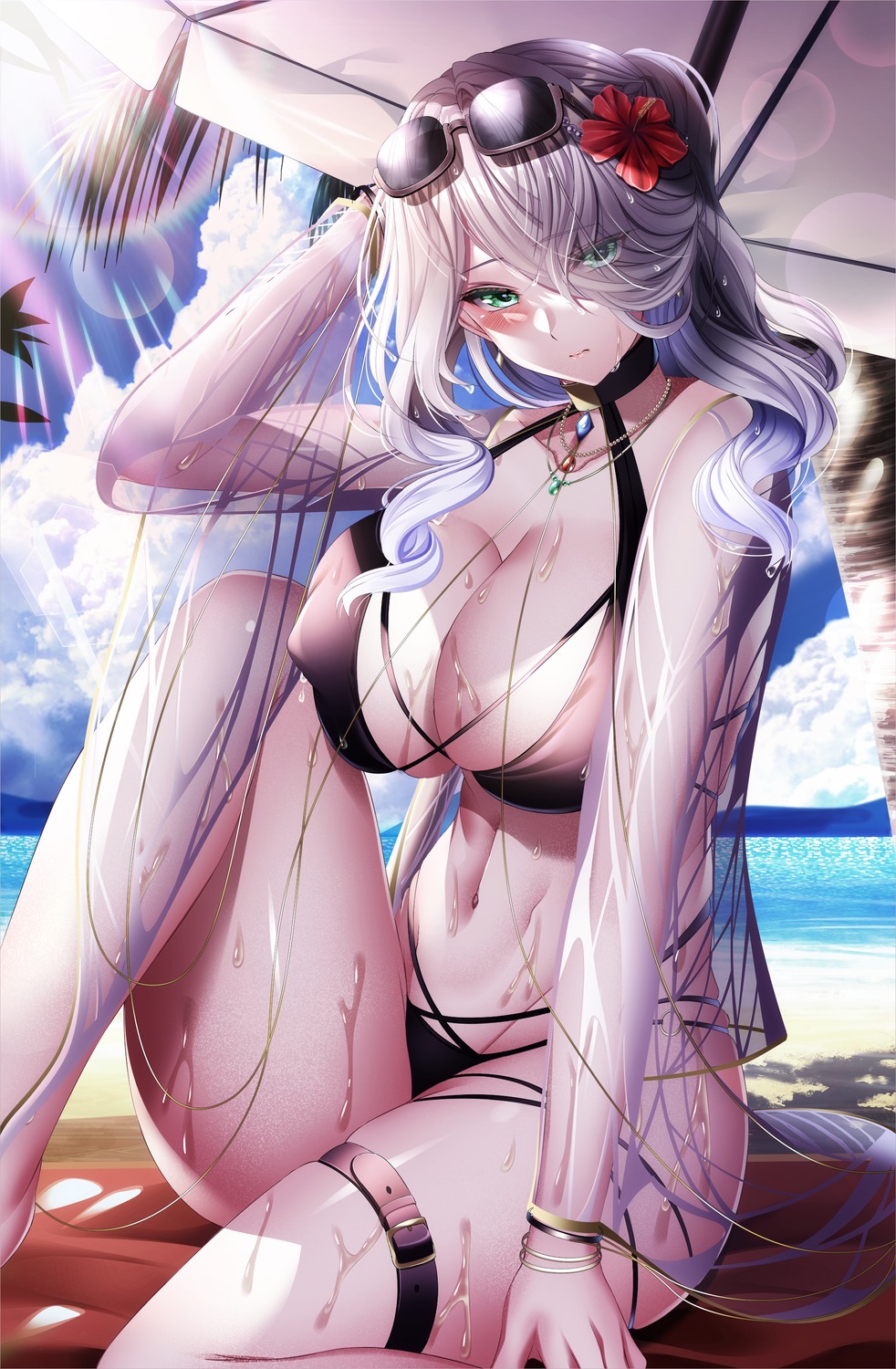 bikini erect_nipples garter megane open_shirt see_through swimsuits wet yuuzuki_hijiri