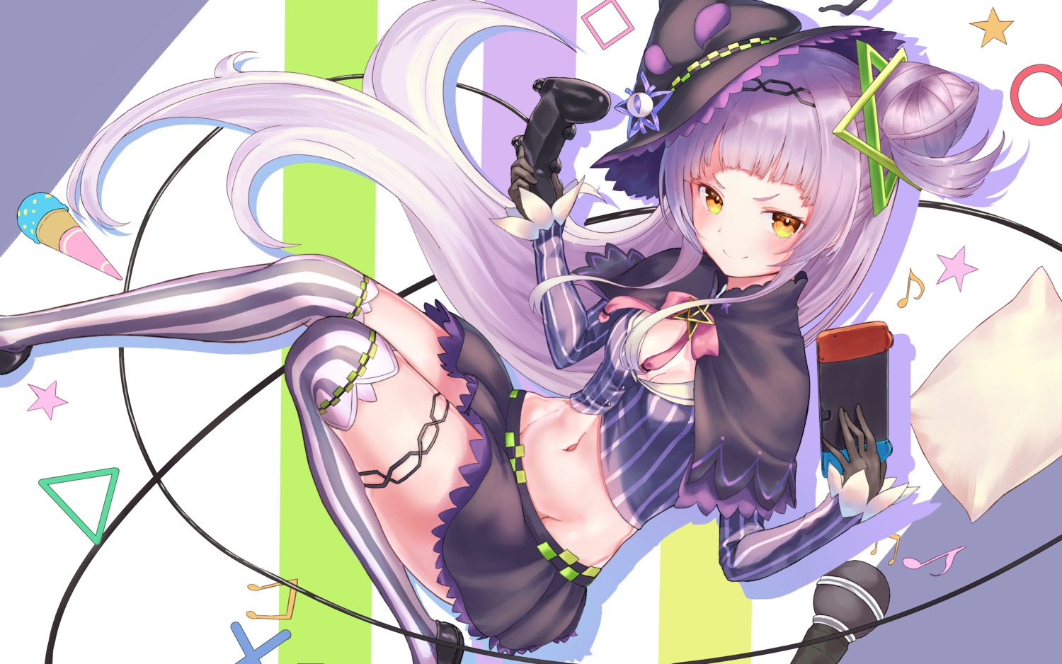 cleavage garter gore_(white_gore) hololive murasaki_shion skirt_lift thighhighs witch