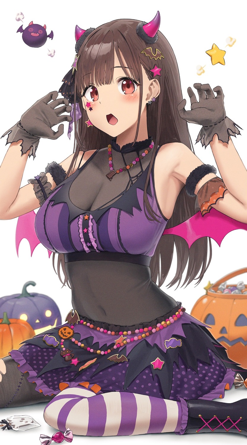 cleavage halloween horns namakura_noeru pantyhose see_through sonoda_chiyoko the_idolm@ster the_idolm@ster_shiny_colors torn_clothes wings