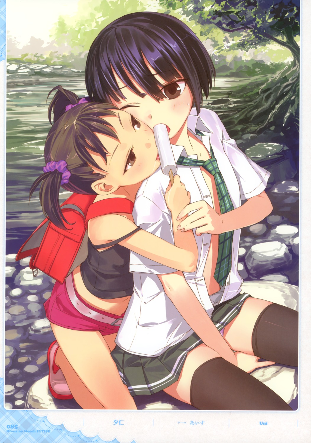 loli open_shirt pantsu seifuku thighhighs uni yuri