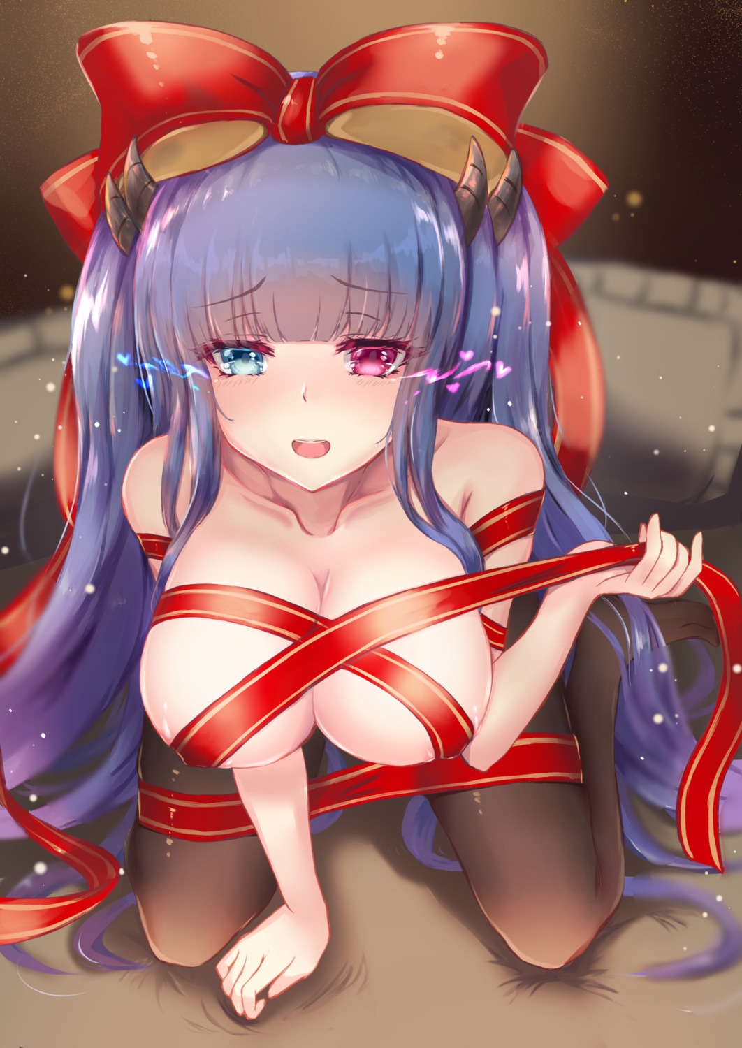 areola azur_lane habu_rin heterochromia horns ibuki_(azur_lane) naked_ribbon pantyhose