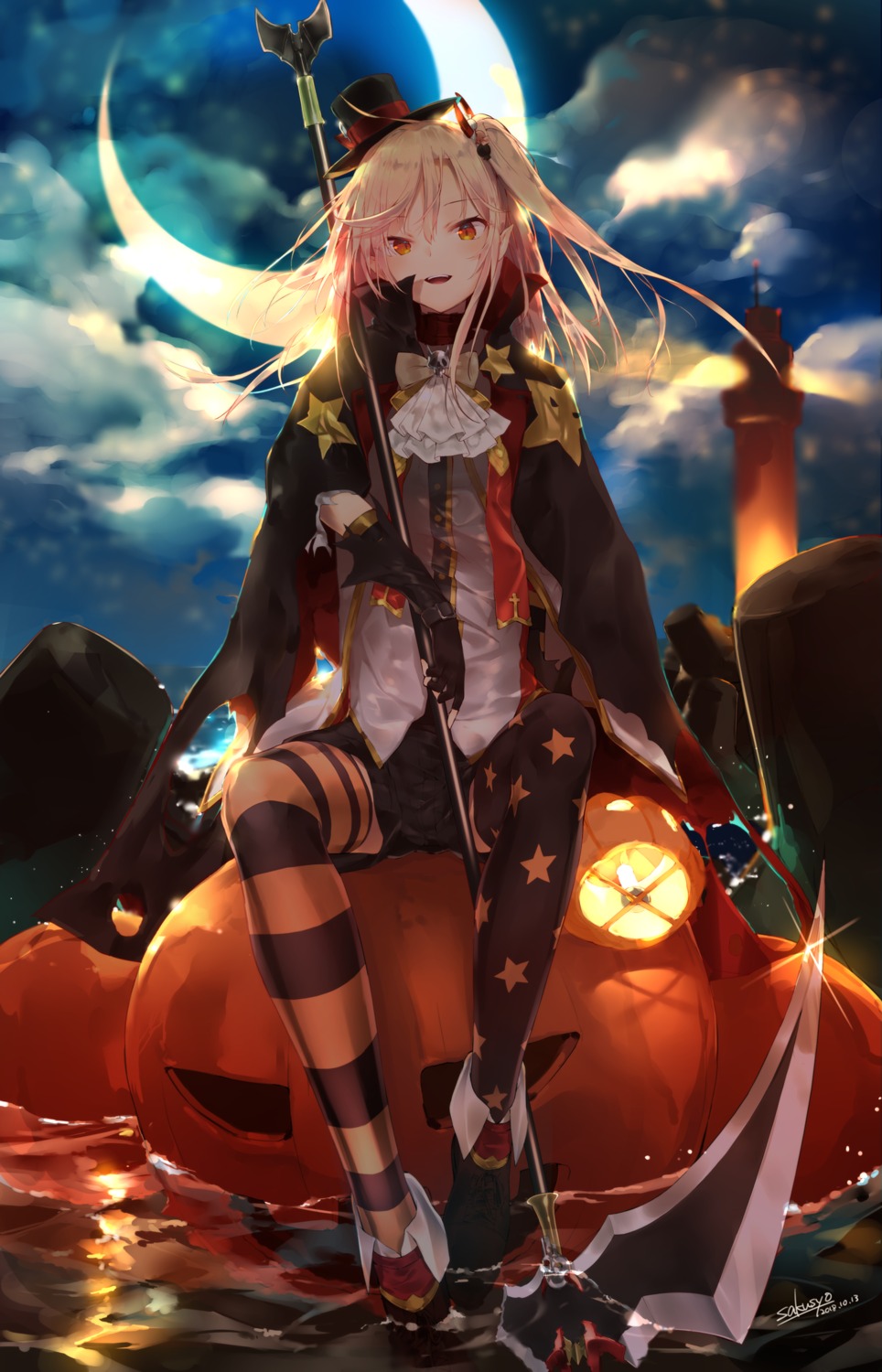 azur_lane cleveland_(azur_lane) halloween pointy_ears sakusyo thighhighs weapon wet